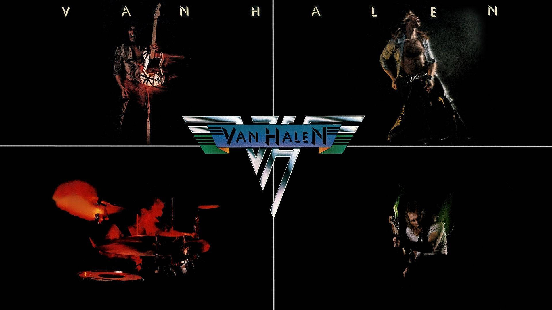 artist 桌布 壁紙 — Van Halen 樂團成員在高對比舞台燈光下，標誌性標誌居中於黑色背景上。