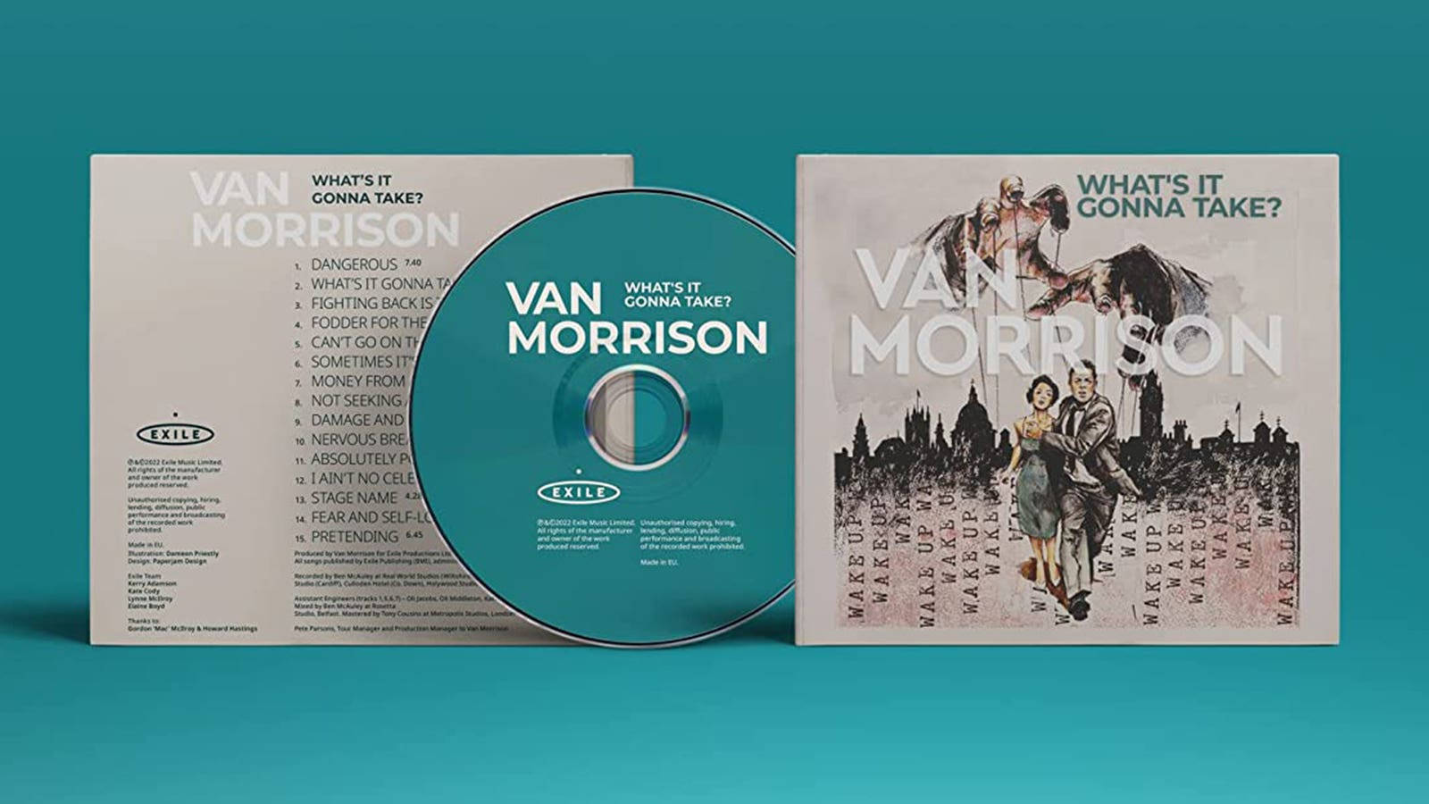 vinyl 桌布 壁紙 — Van Morrison 的專輯《What's It Gonna Take?》CD 及封面藝術展示在純青色背景上。