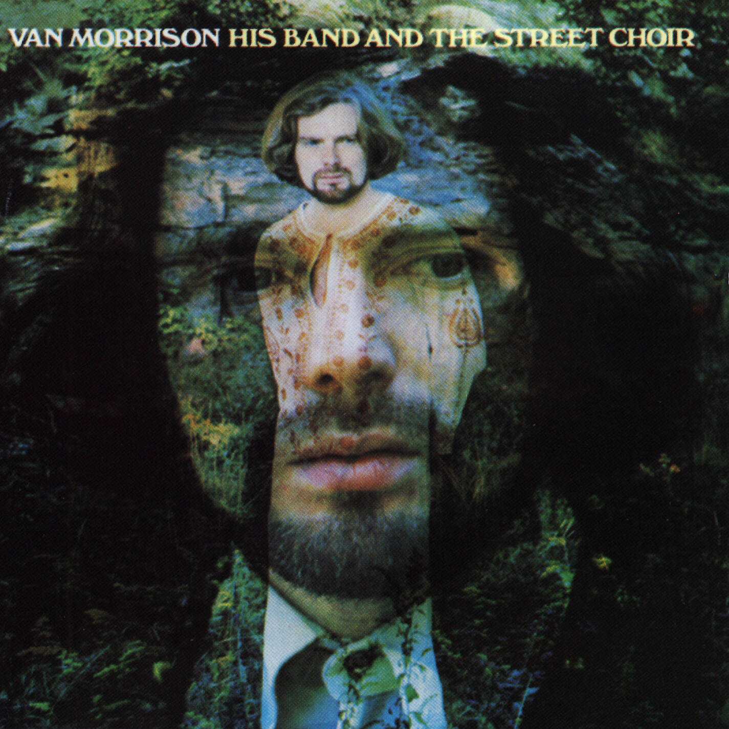 復古 桌布 壁紙 — Van Morrison 的超現實肖像，他的臉疊加在森林場景上，營造出夢幻般的雙重曝光效果。
