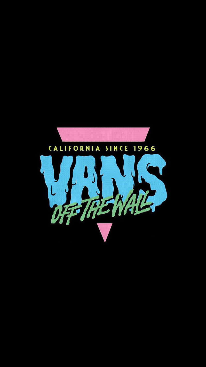 Hype Aesthetic 桌布 壁紙 — Vans Off The Wall 標誌以滴落藍色和螢光綠色呈現，黑色背景上有粉紅色幾何形狀。