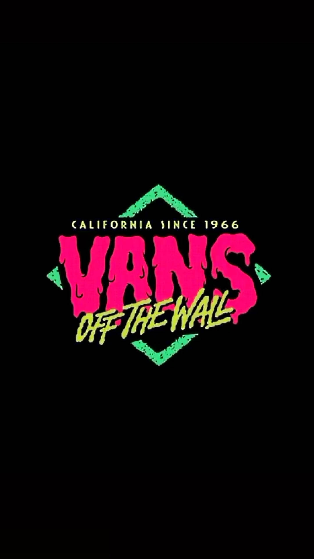 Vans Logo 桌布 壁紙 — Vans Off The Wall 標誌以粉紅色和綠色霓虹燈滴落效果呈現在黑色背景上。