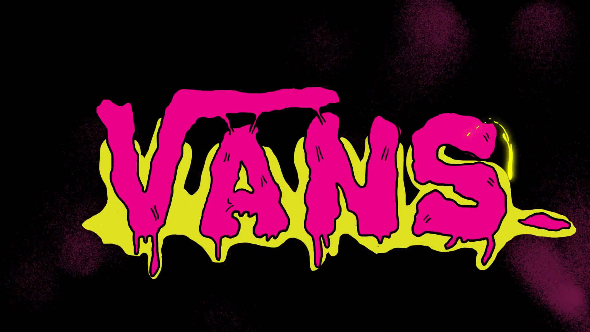 Vans 桌布 壁紙 — Vans 標誌以滴落效果的熱粉紅色和霓虹黃色，襯托深色紋理背景。