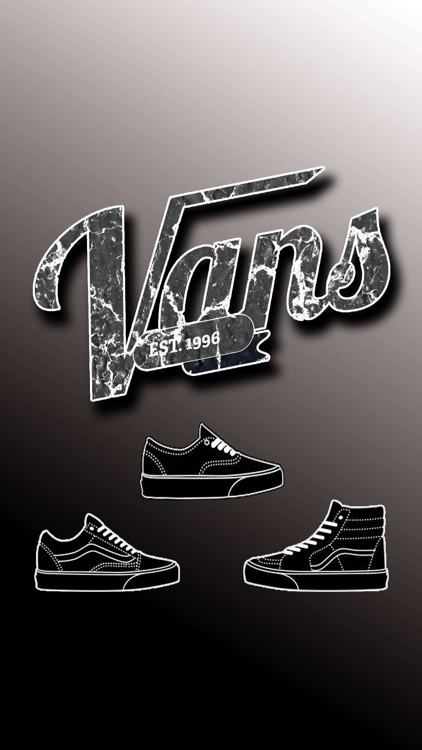Vans Logo 桌布 壁紙 — Vans 標誌及三個鞋款剪影，以白色線條繪製，置於漸變灰色背景上。