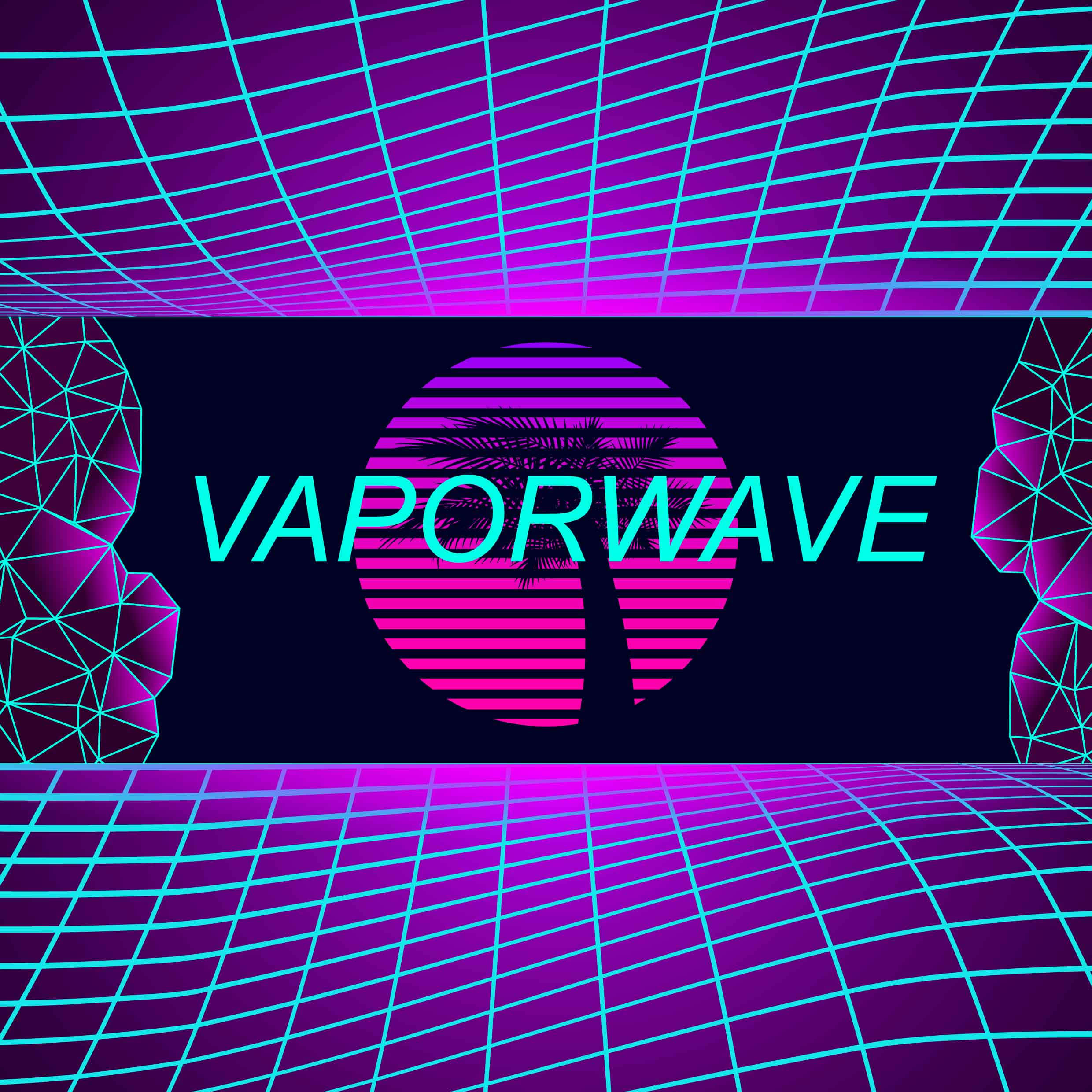 Vaporwave 桌布 壁紙 — Vaporwave 美學，帶有霓虹網格、棕櫚樹剪影和發光文字，背景為深色。