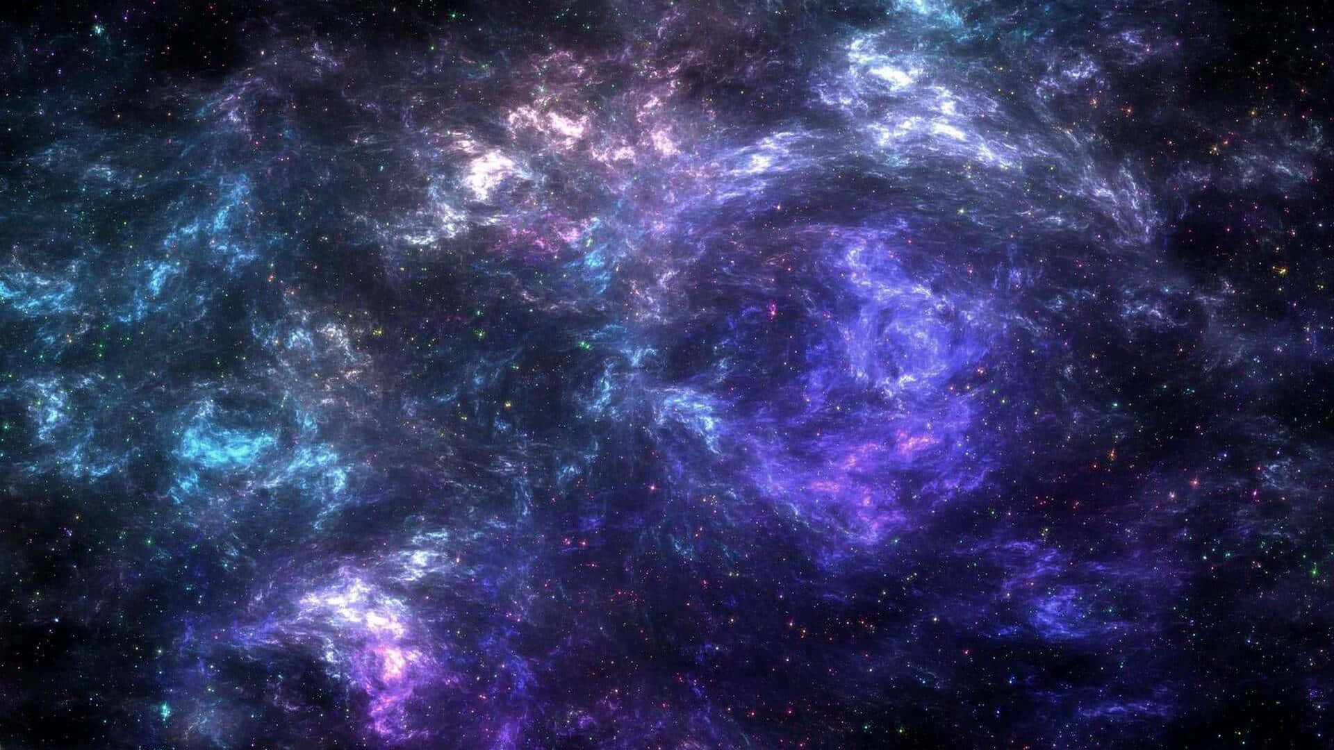  壁紙 — 廣闊的宇宙星雲在星空背景下以電光藍和紫色旋轉。