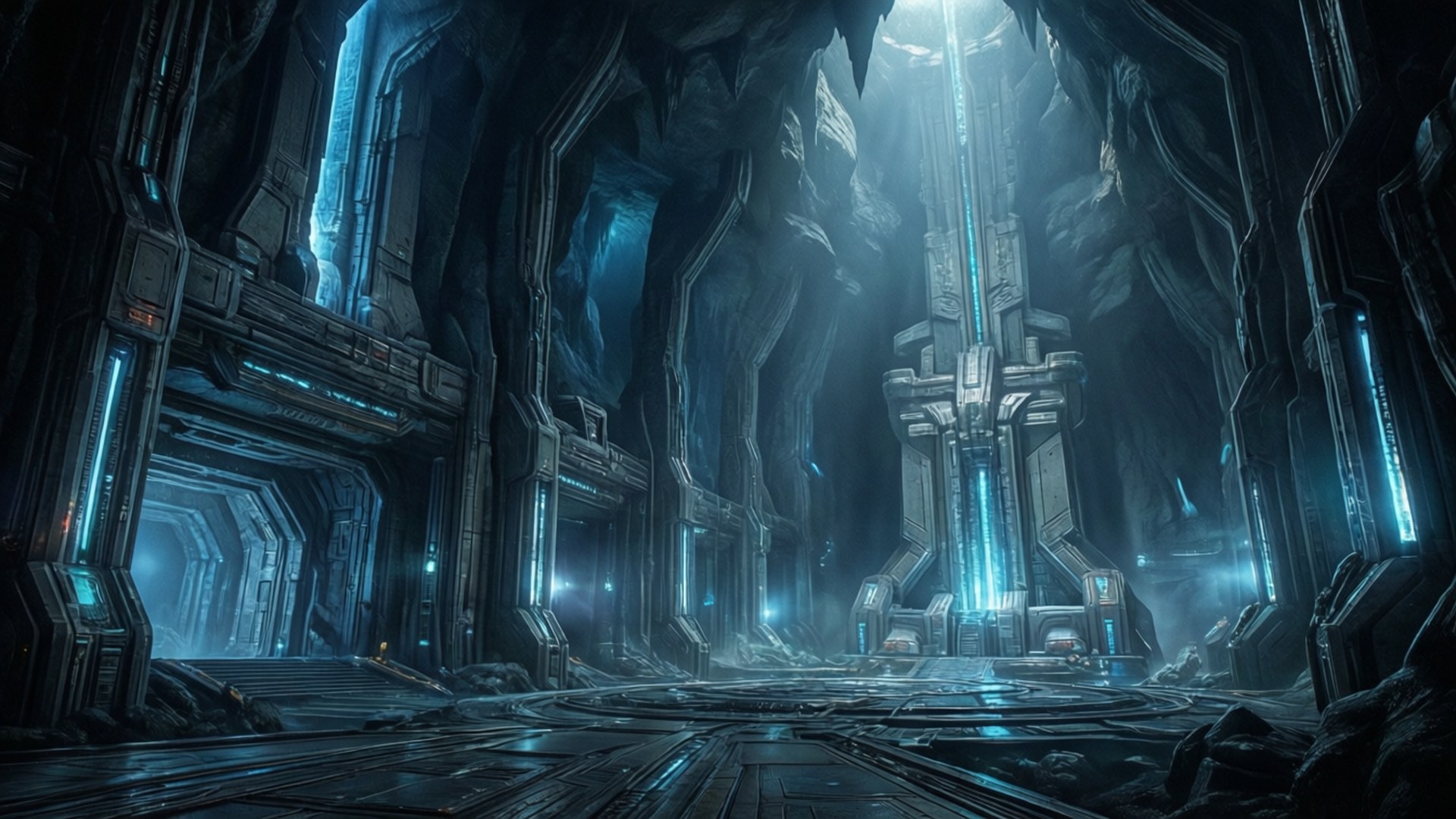 Halo Ark 桌布 壁紙 — 一座廣闊的未來主義大教堂，發光的藍色能量光束照亮了洞穴般的科幻廢墟中高聳的金屬結構。
