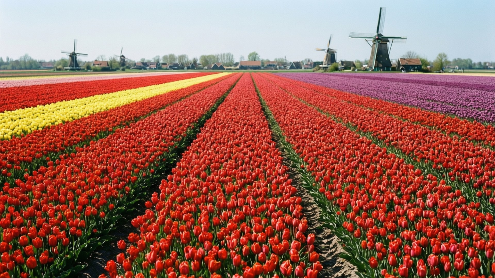 Tulip Fields Windmill 壁紙 — 大片整齊排列的紅色、黃色和紫色鬱金香花田，在清澈的藍天下向遠處的風車延伸。