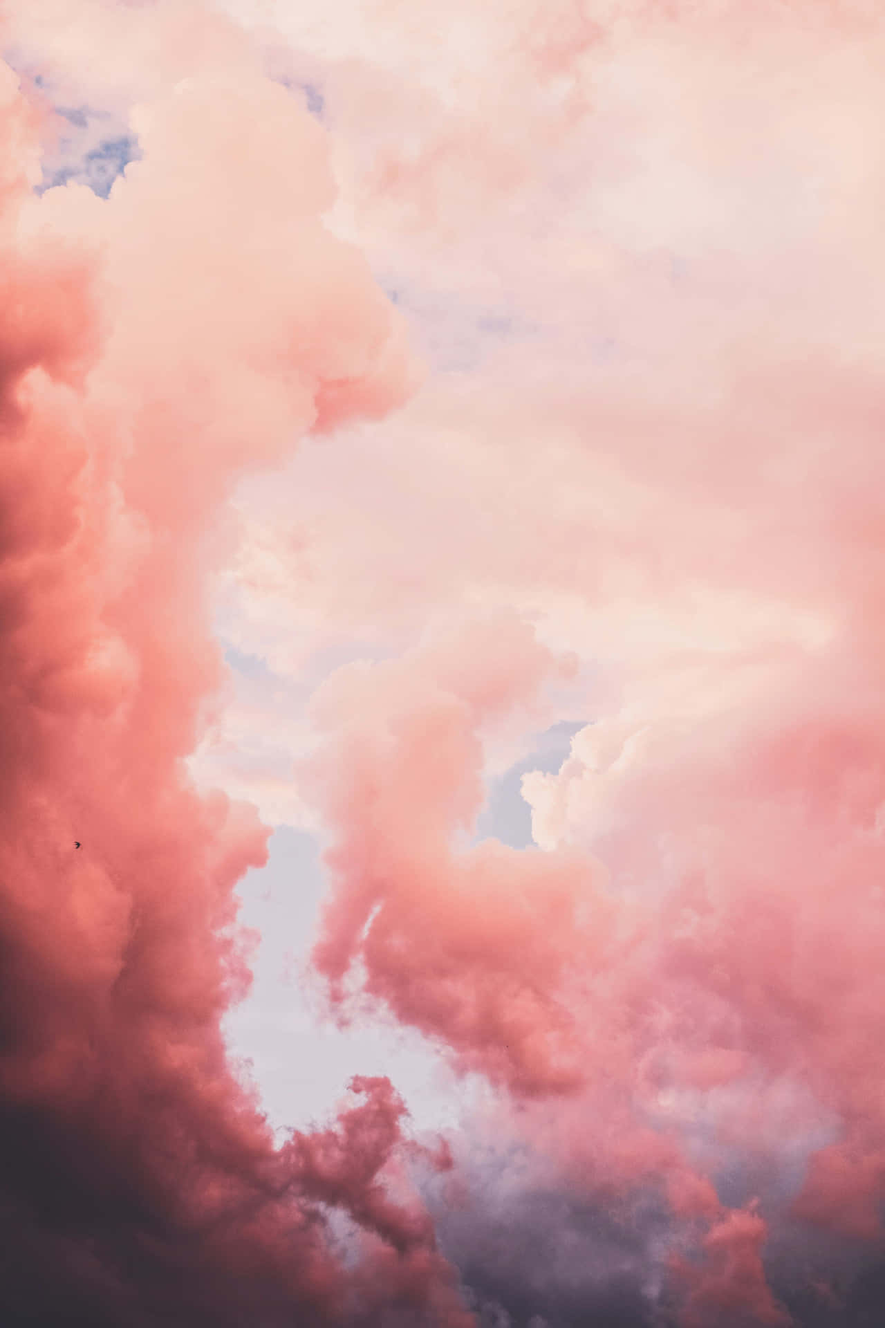  壁紙 — 廣闊的天空充滿了柔和的粉紅色和蜜桃色雲彩，在淡藍色背景下發光。