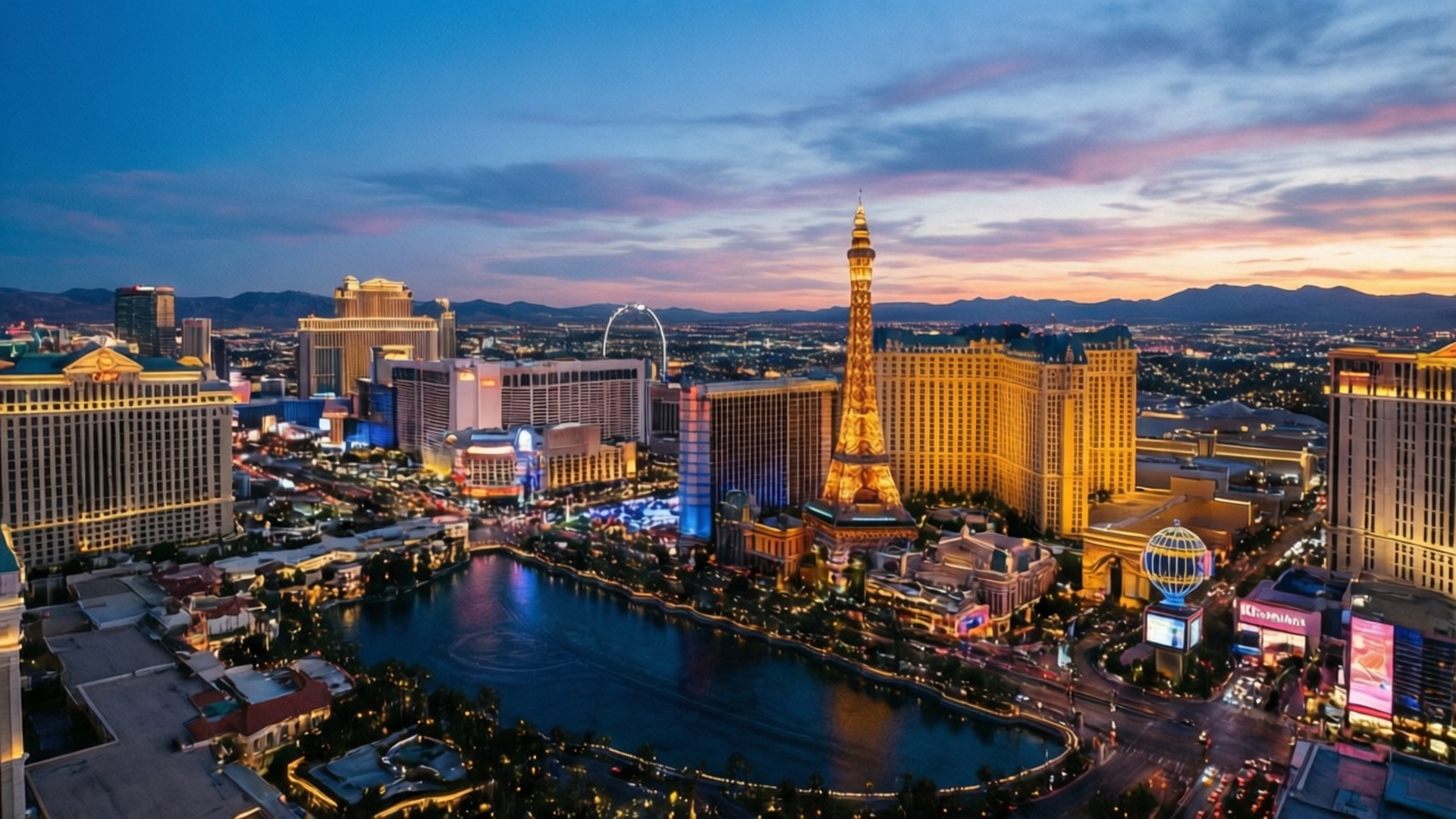 Strip Blue Hour Panorama 壁紙 — 黃昏時分的拉斯維加斯天際線，金色艾菲爾鐵塔複製品和發光的飯店倒映在黑暗的水面上。