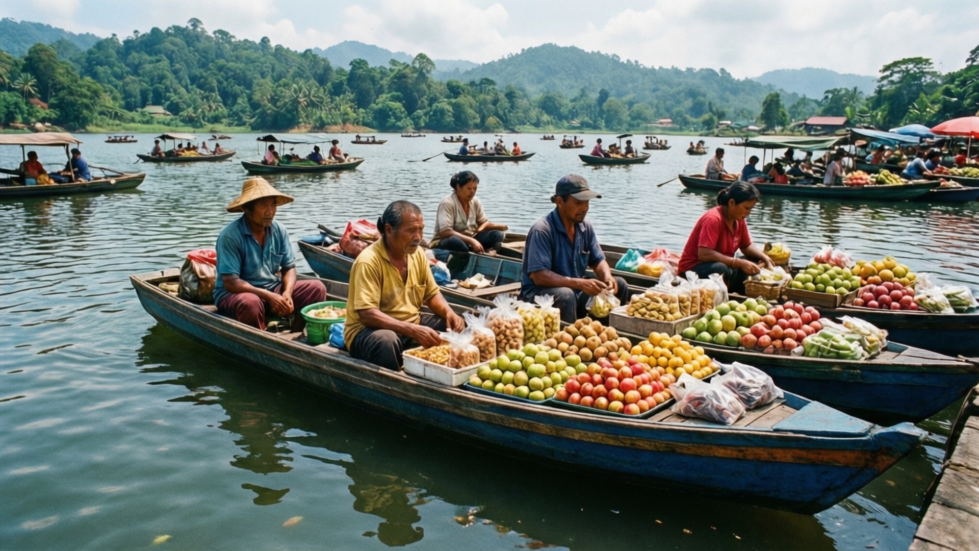 Lembang Floating Market 壁紙 — 木船上的小販在晴朗的天空下，在綠油油的山丘環繞的平靜湖面上出售色彩繽紛的水果。