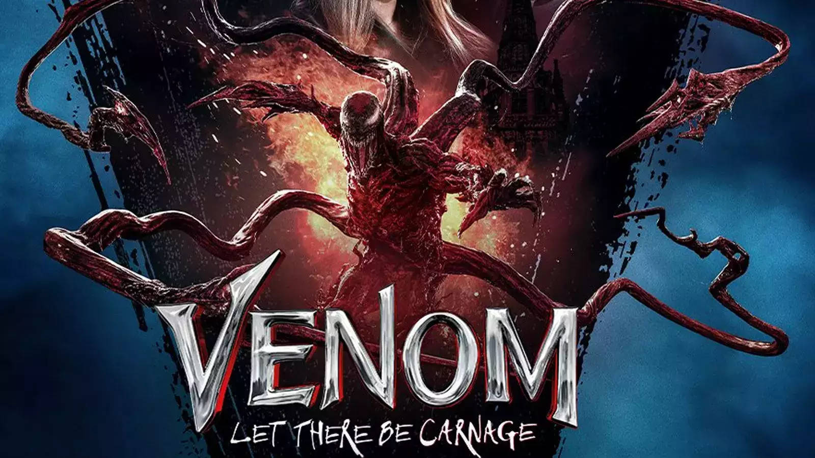 Carnage 桌布 壁紙 — Venom Carnage 以觸手和發光的眼睛在熾熱的背景中出現，背景有城堡剪影。