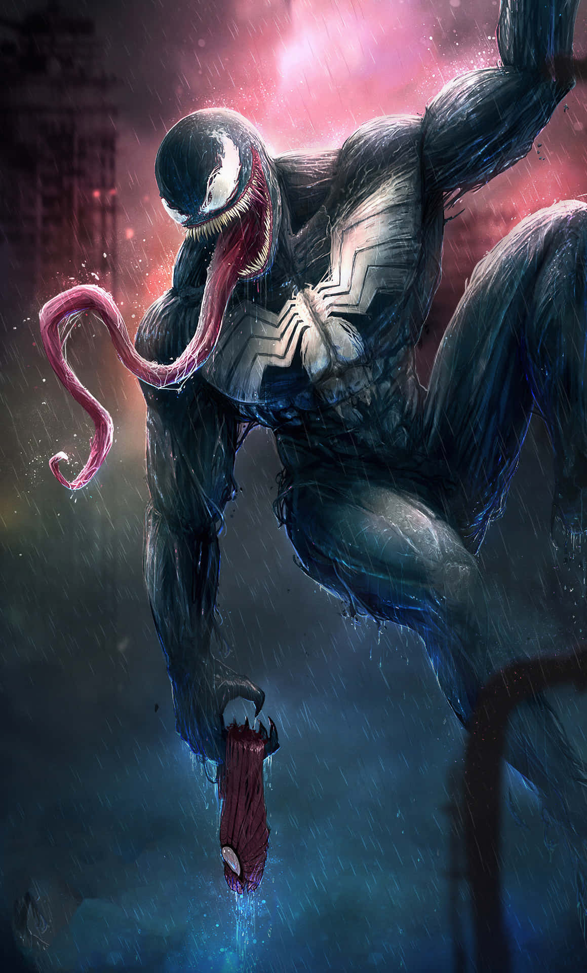  壁紙 — Venom 跳過雨中的城市景觀，伴隨著發光的粉紅色天空和滴落的觸手。