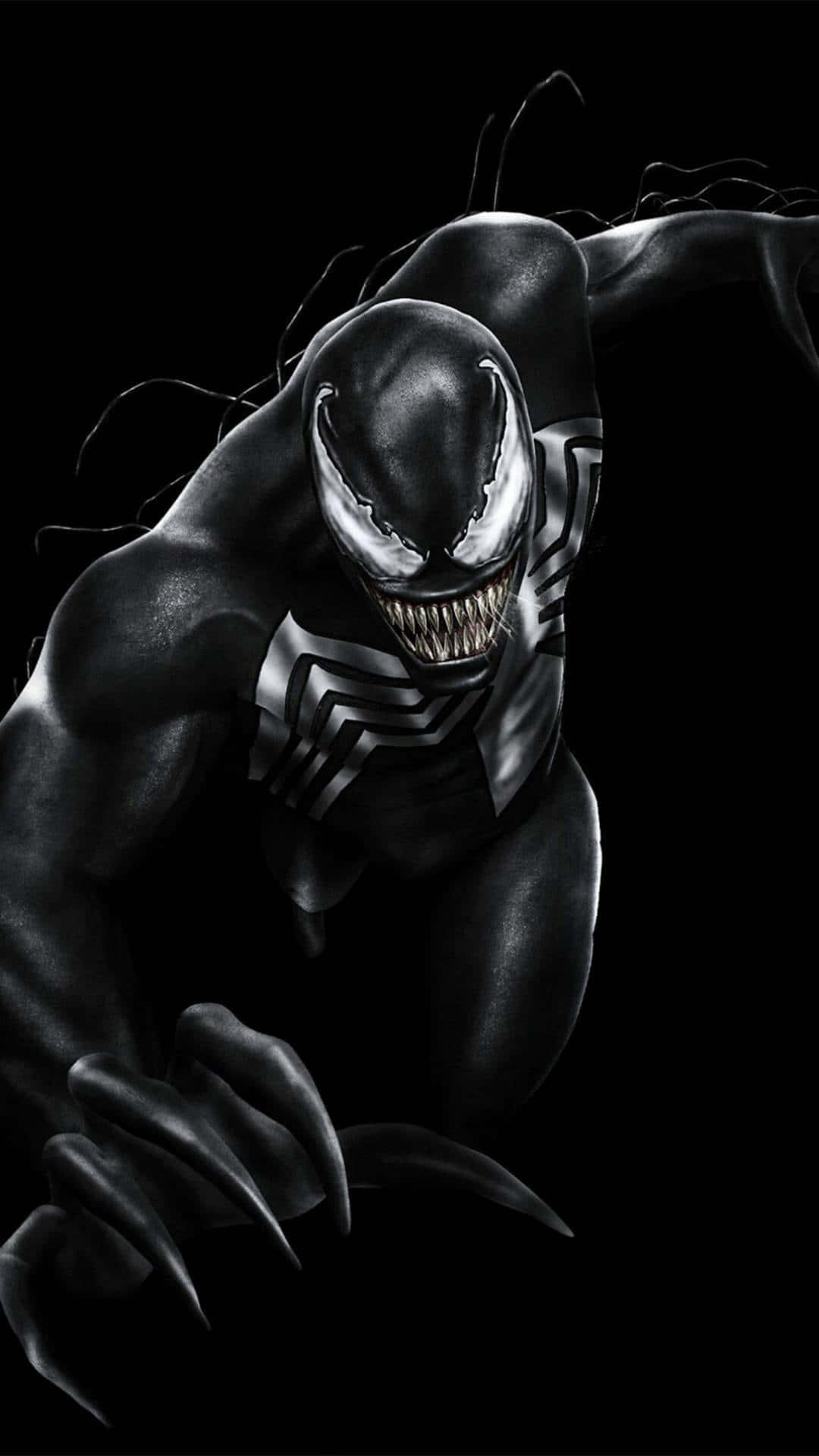  壁紙 — Venom 在黑色背景上以鋒利爪子和發光的白色眼睛威脅性地蹲伏。