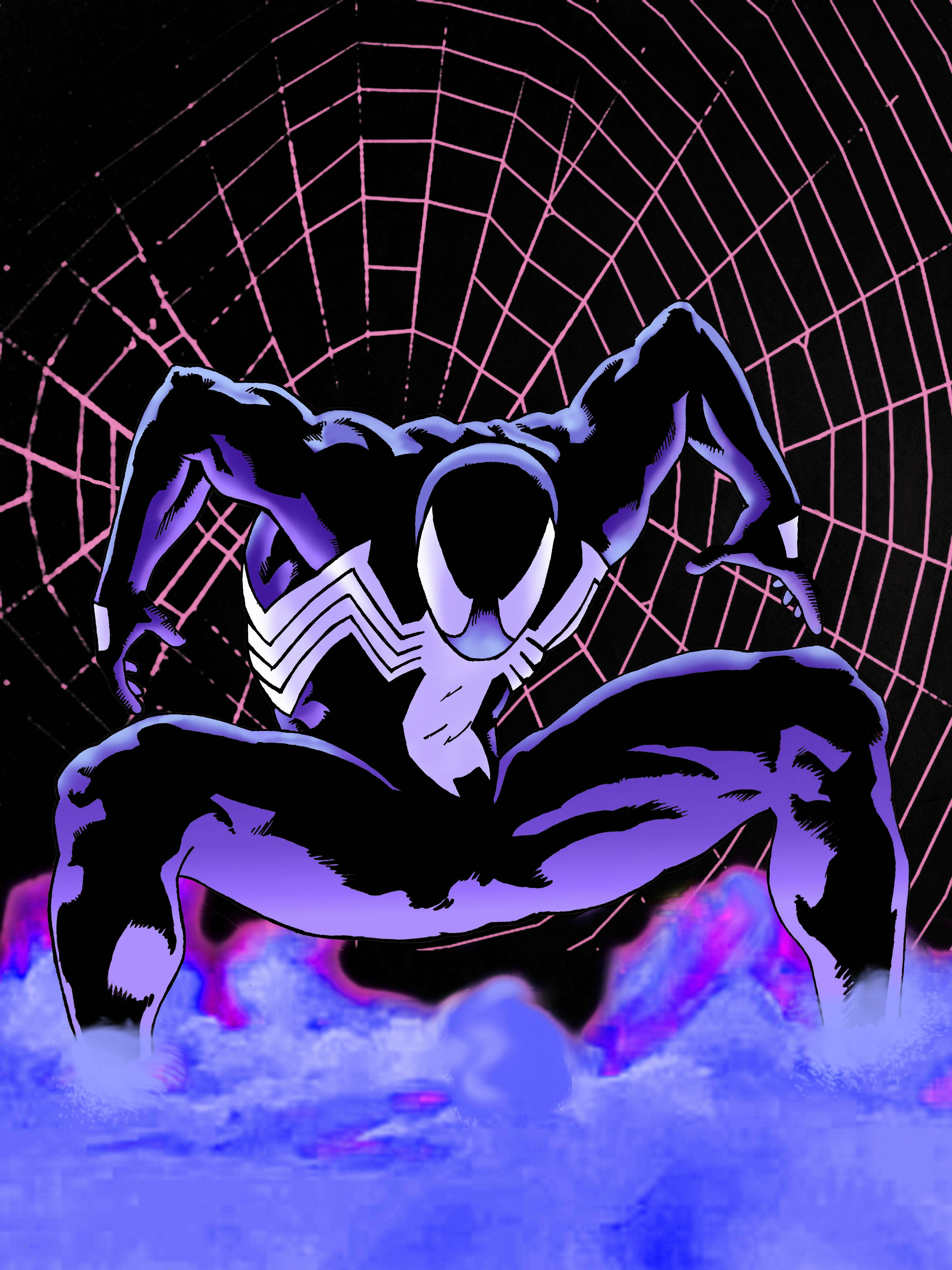 黑色蜘蛛人 桌布 壁紙 — Venom 以動態姿勢蹲伏，背景是發光的粉紅色蜘蛛網，下方有旋轉的紫色雲霧。