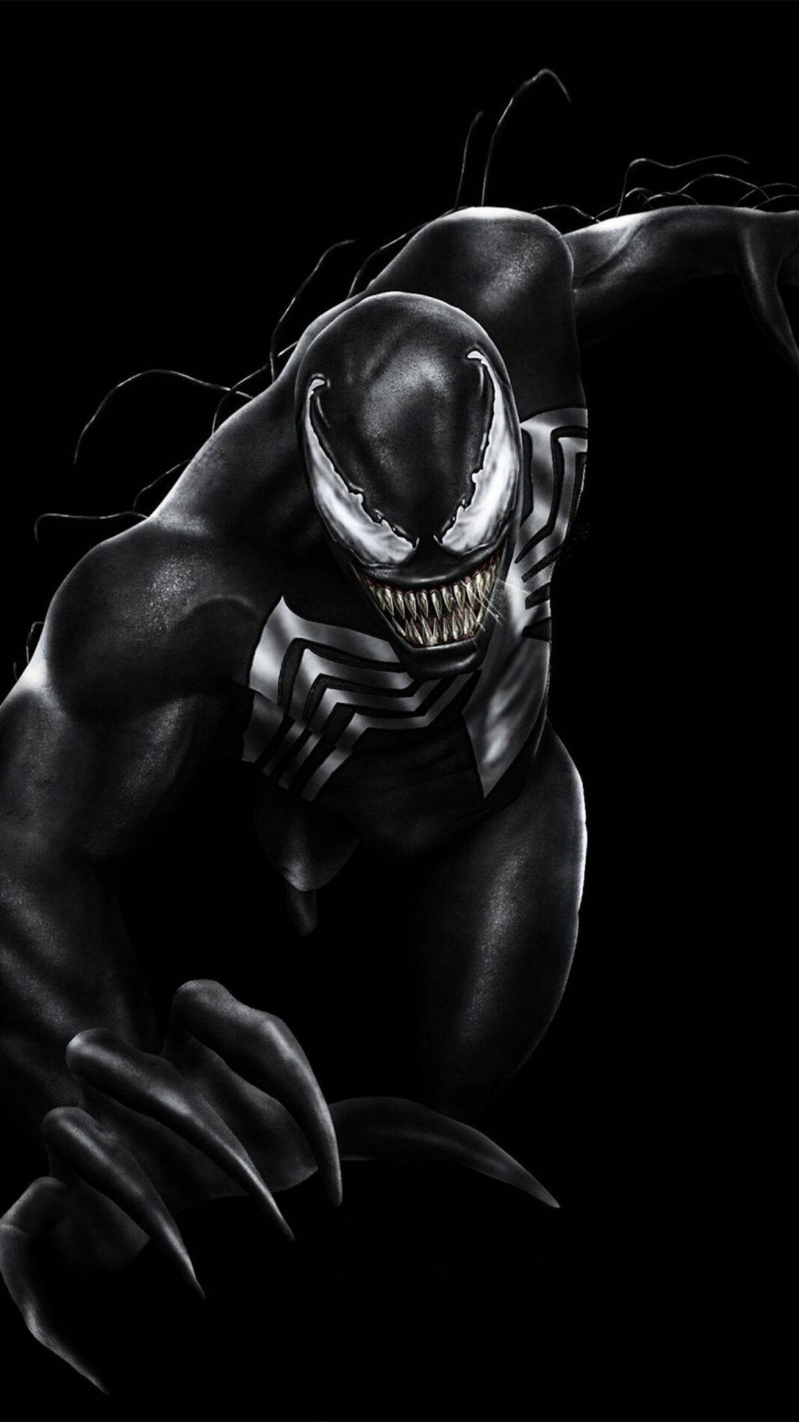 Venom Movie 桌布 壁紙 — Venom 以鋒利爪子和發光白色眼睛，在黑色背景上威脅性地蹲伏。
