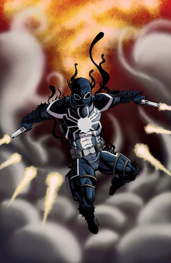 Flash Thompson 桌布 壁紙 — Venom 動態地跳過火焰煙霧，同時發射雙槍，構成一個戲劇性的漫畫動作場景。