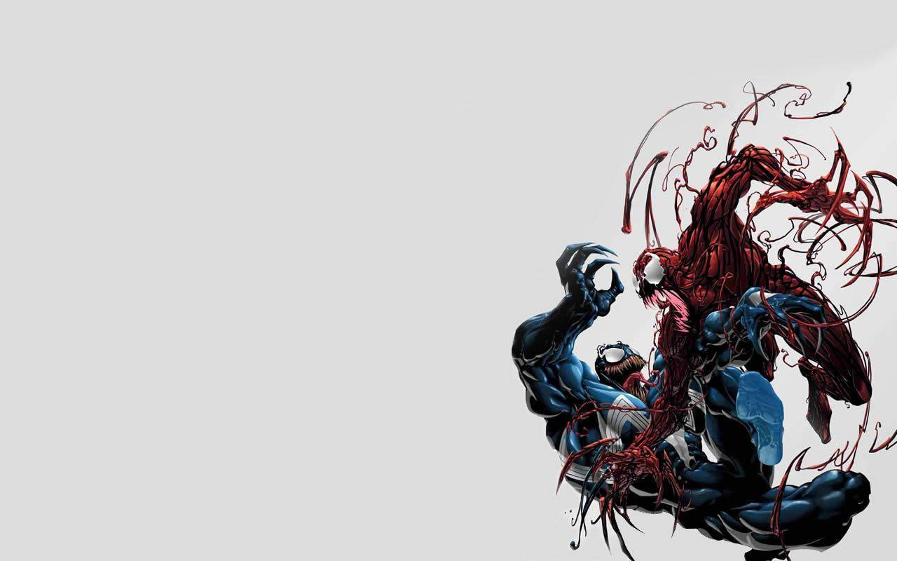猛毒 桌布 壁紙 — Venom 和 Carnage 以動態漫畫風格碰撞，紅色和黑色共生體在純灰色背景上。