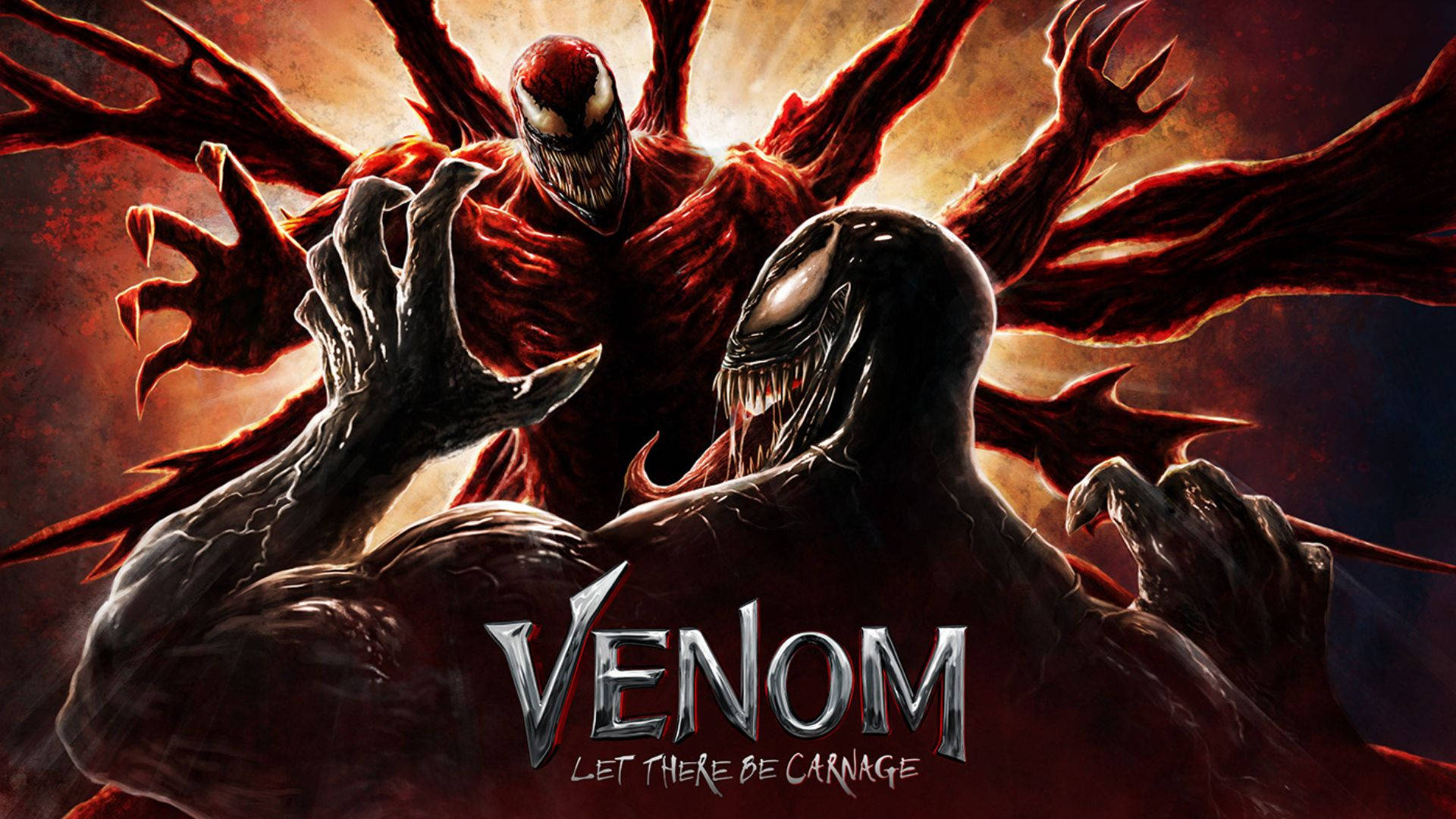 Be 桌布 壁紙 — Venom 和 Carnage 以火紅與黑色的漫畫風格碰撞，帶有戲劇性的燈光和鋒利的爪子。