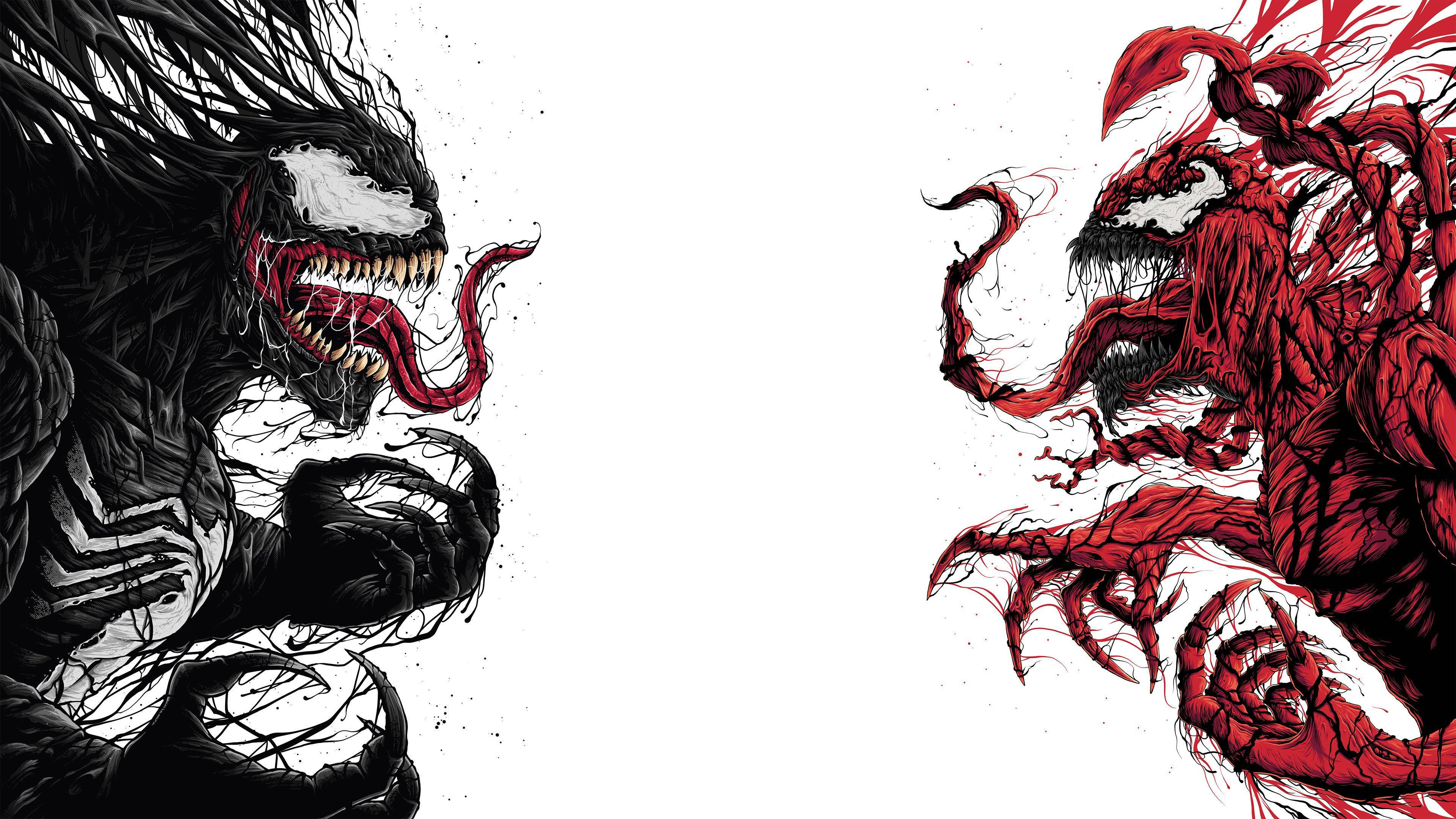 猛毒 桌布 壁紙 — Venom 和 Carnage 在一幅動態漫畫插圖中對峙，採用鮮明的黑色、紅色和白色。