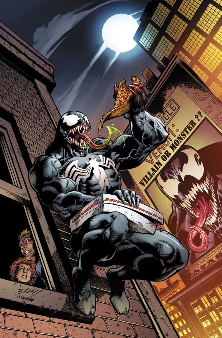 Venom Comic Book 桌布 壁紙 — Venom 在夜間於城市建築物之間跳躍，手持一片披薩，明亮的月亮下，下方有驚恐的旁觀者。