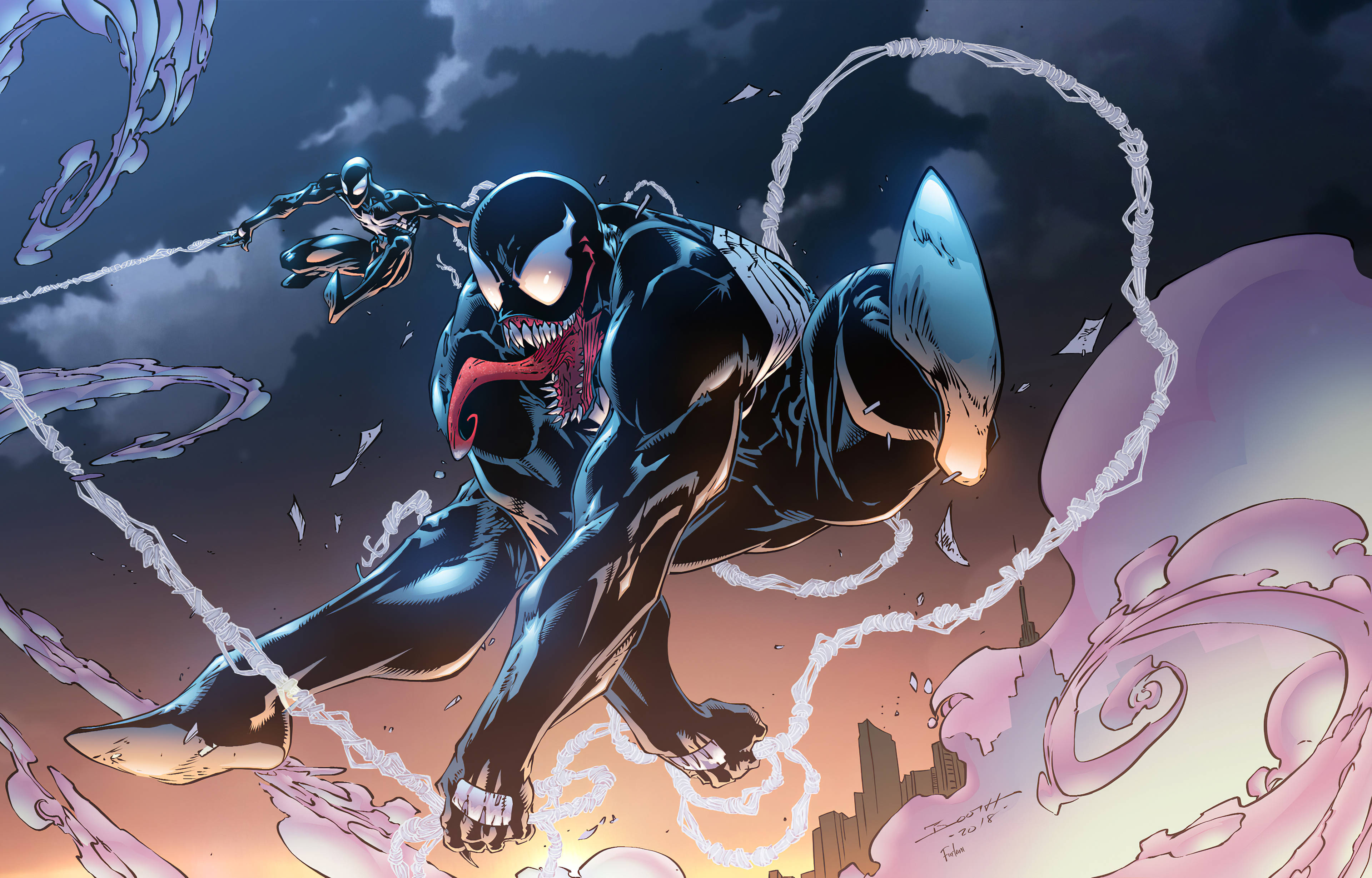 藝術 桌布 壁紙 — Venom 在暴風雨中動態跳躍，而蜘蛛人在旋轉的紫色能量觸手附近擺盪。
