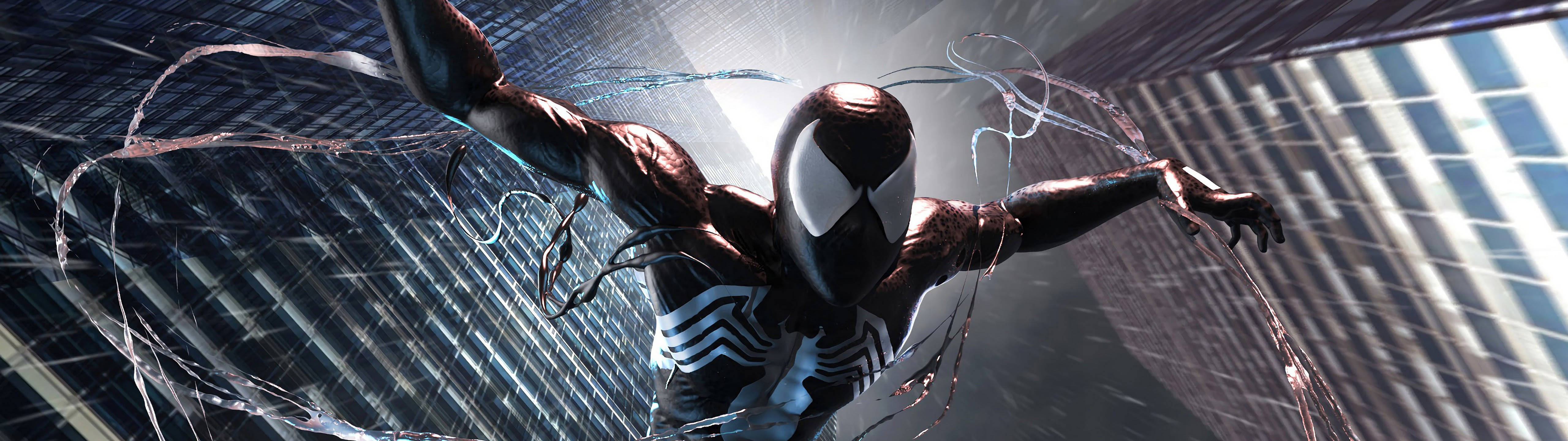 Venom 在雨中的城市中穿梭於摩天大樓之間 — 5120x1440 壁紙 壁紙