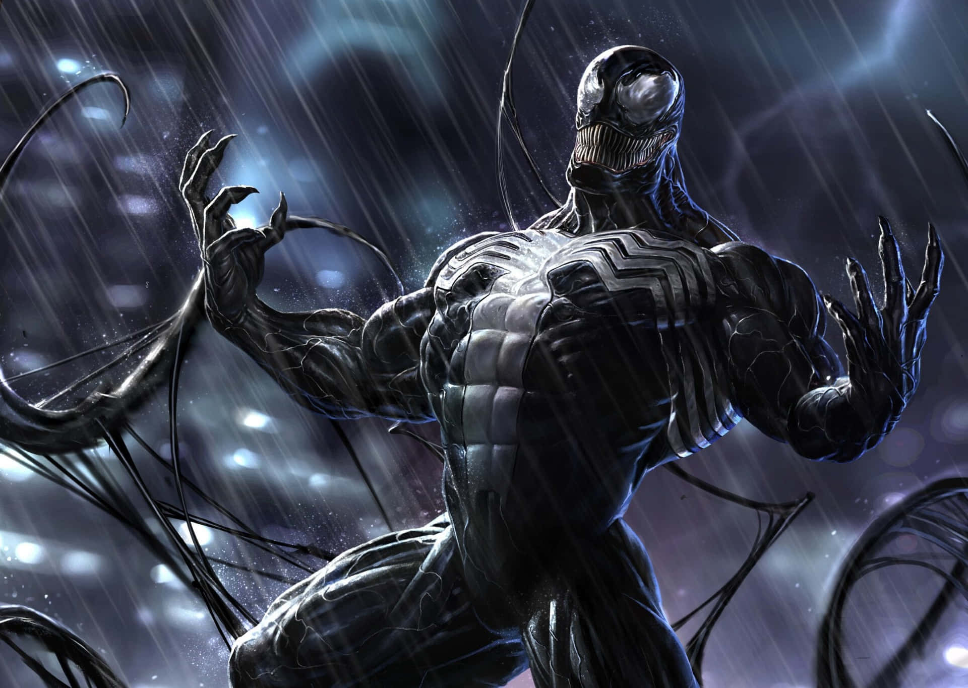 猛毒 桌布 壁紙 — Venom 在雨濕的城市夜晚中威嚇地站立，他的黑色共生體套裝在城市燈光下閃閃發光，觸手在他周圍盤旋。