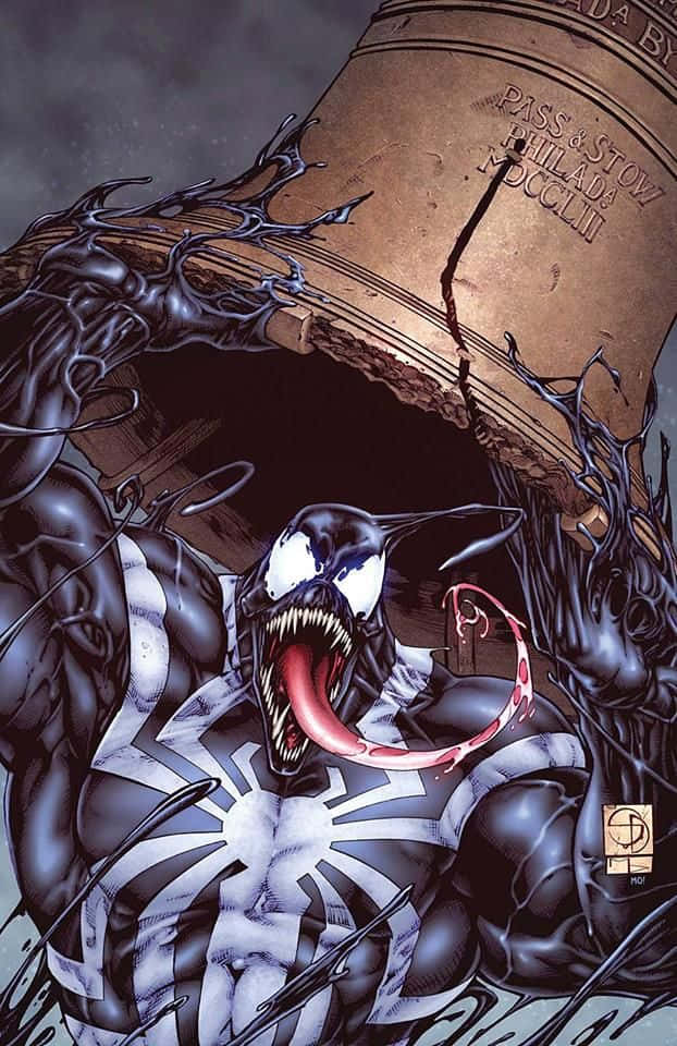 Flash Thompson 桌布 壁紙 — Venom 在黑暗的漫畫格中用共生體觸手撕開一個鐘。