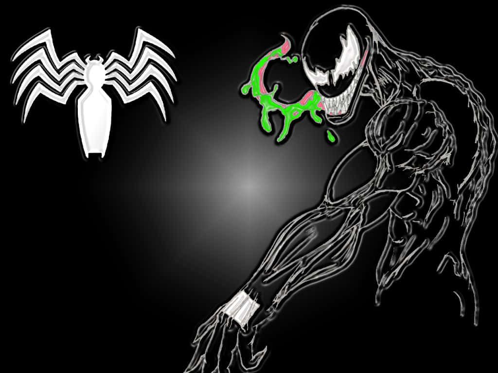 Scary Venom 桌布 壁紙 — Venom 在黑色背景上威脅性地撲向前面，旁邊有一個白色的蜘蛛人標誌發光。