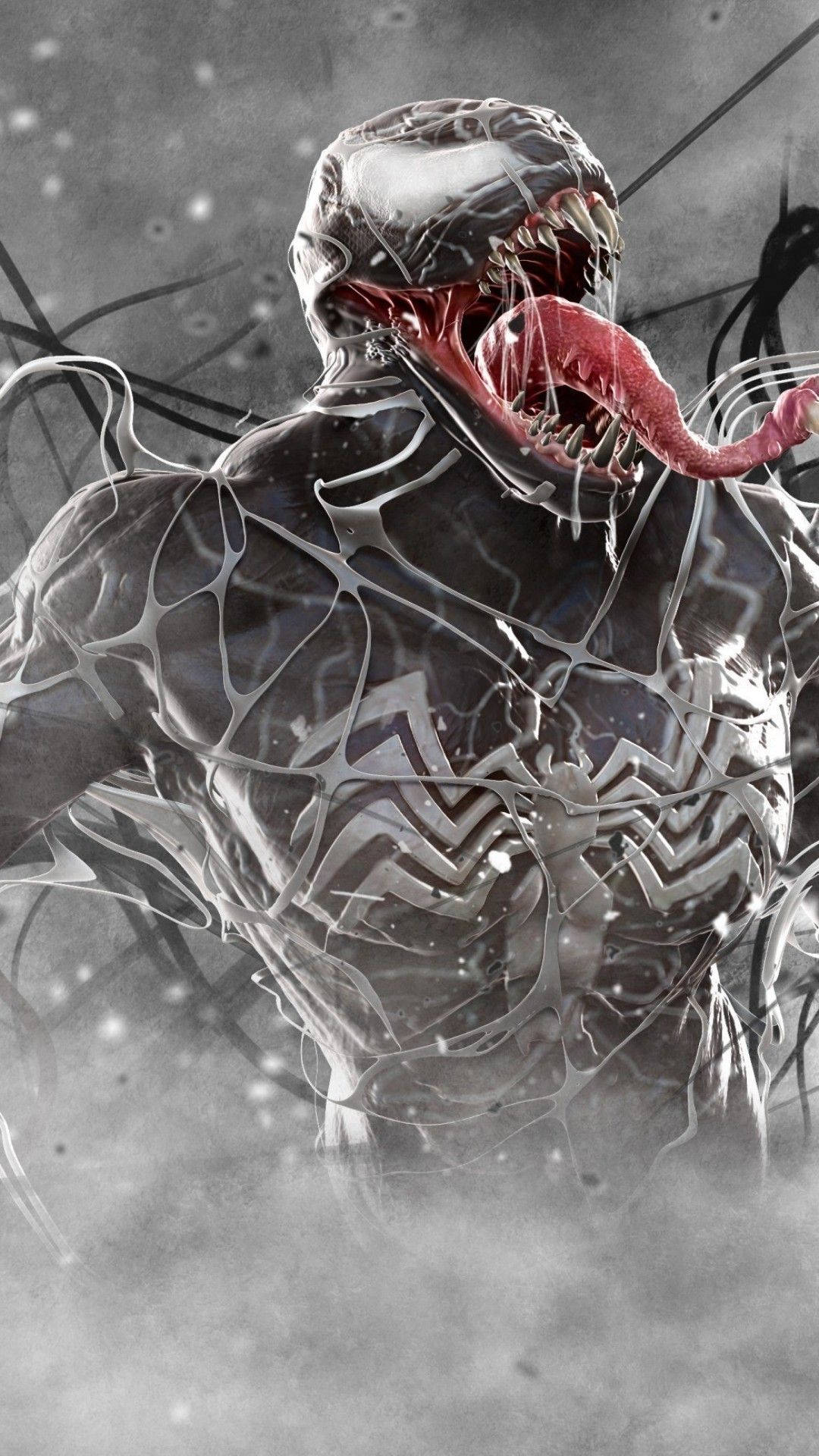 猛毒 桌布 壁紙 — Venom 張開大口，伸出紅色舌頭，在煙霧瀰漫的灰色背景上咆哮，背景有黑色觸手。