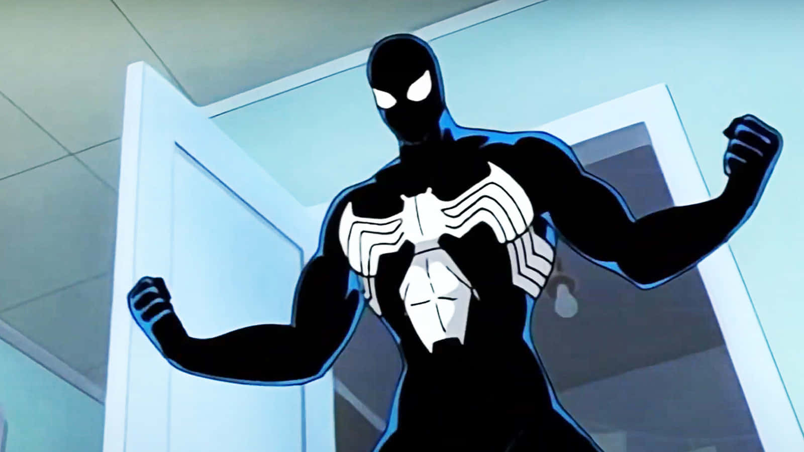 Animated Tv Show 桌布 壁紙 — Venom 強勢地站在門口，穿著大膽的黑白西裝展示肌肉。