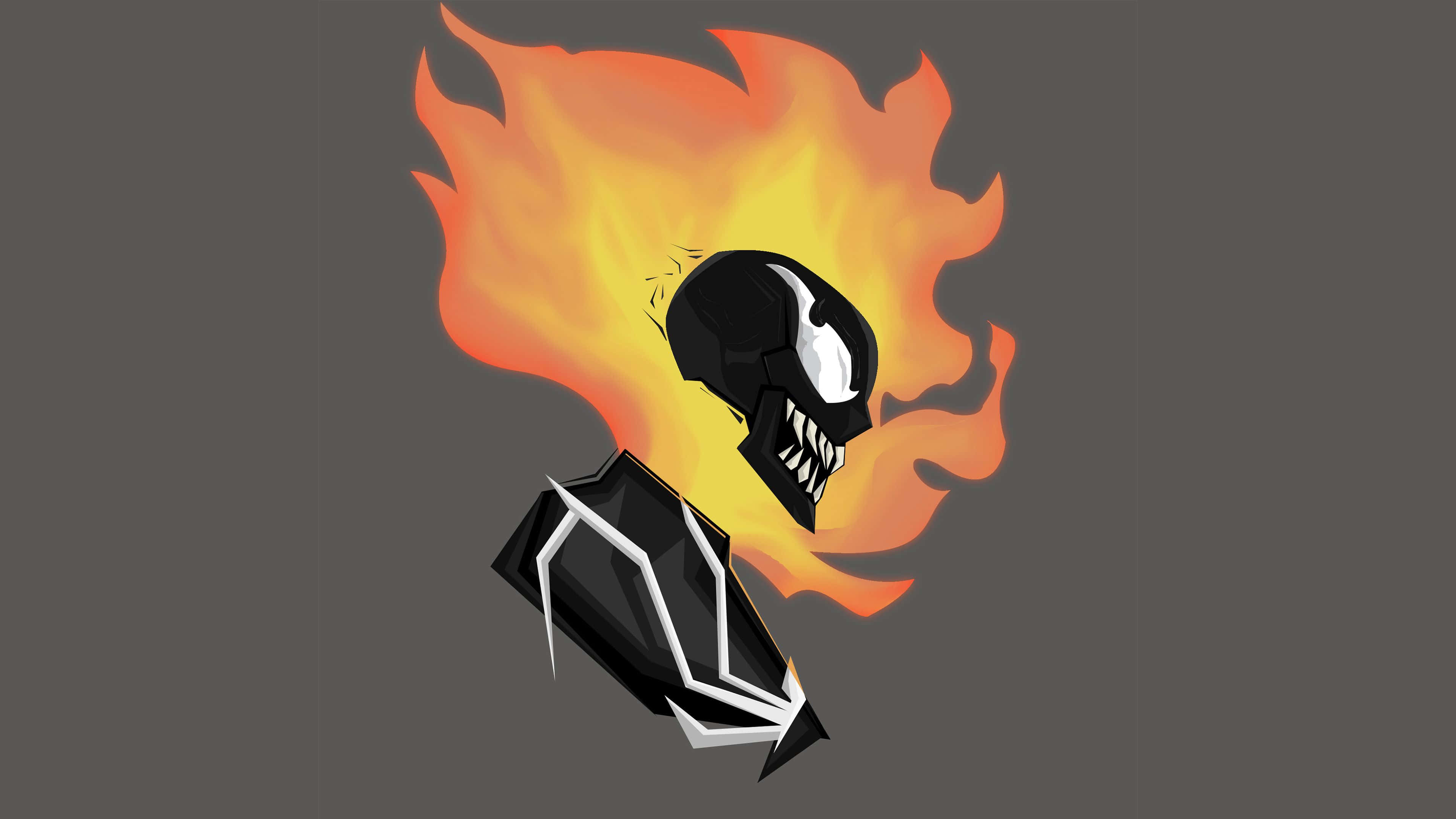 Venomverse 桌布 壁紙 — Venom 標誌性的黑白頭部從鮮豔的橙色火焰中浮現，背景為深灰色。
