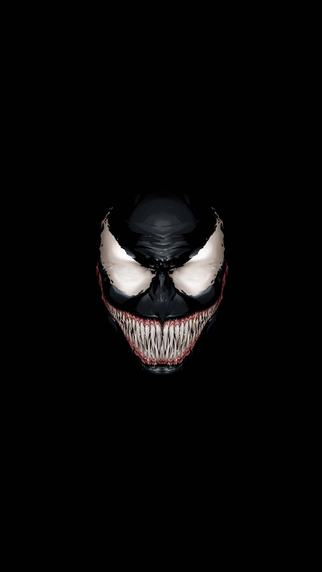 Scary Venom 桌布 壁紙 — Venom 標誌性黑白共生體面孔的特寫，露出尖銳牙齒，背景為純黑色，充滿威脅感。