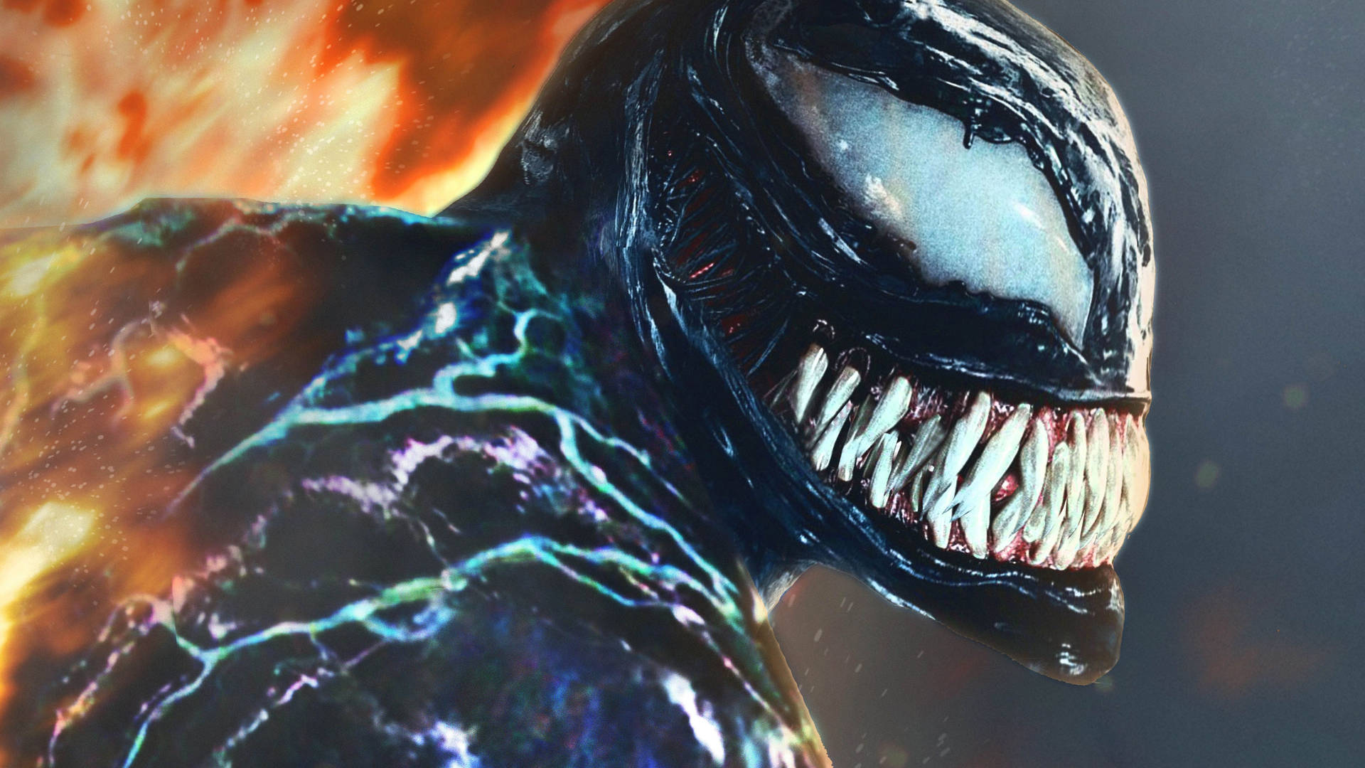Venom 帶有發光電光脈絡和尖銳牙齒，背景火熱