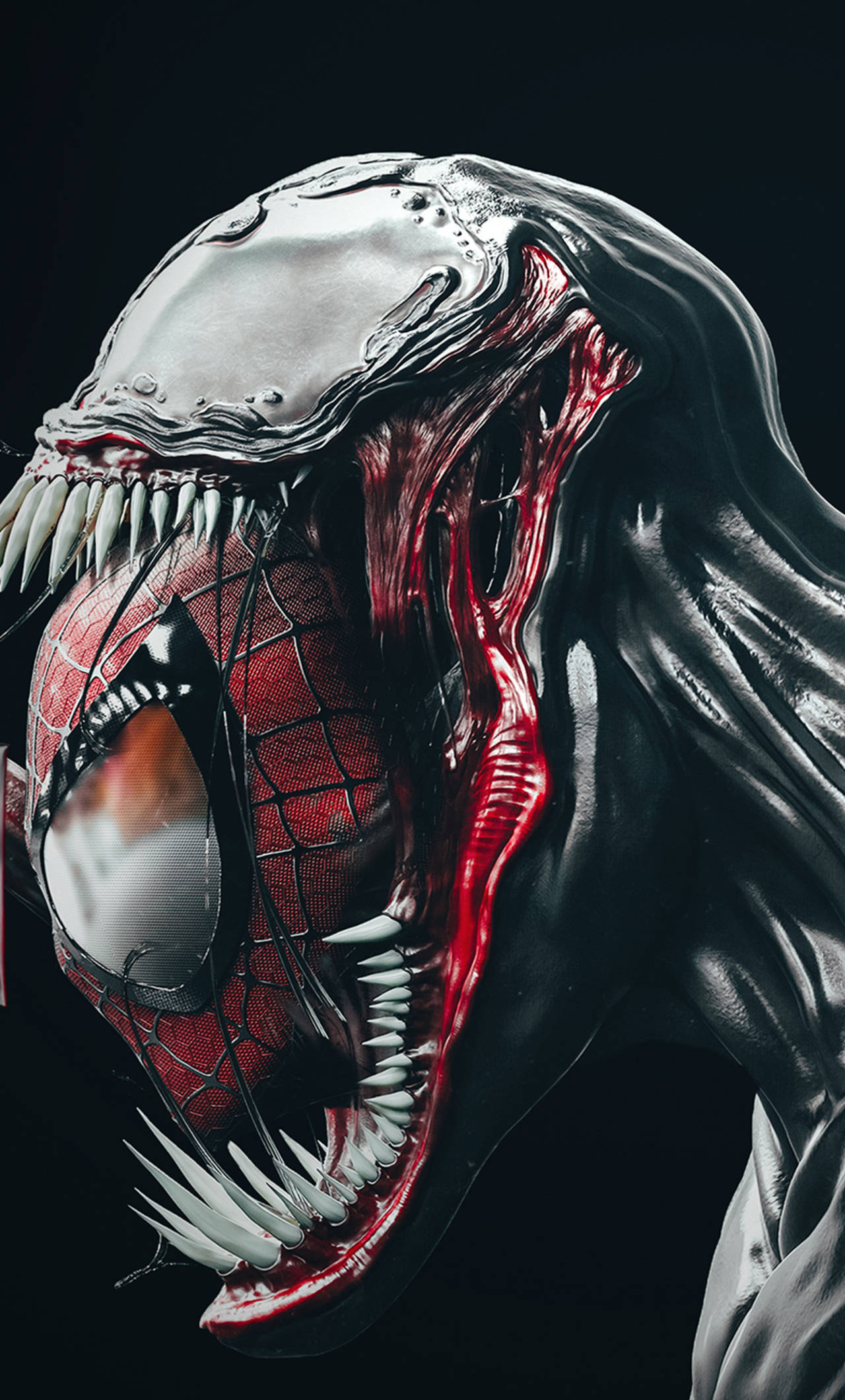 Be 桌布 壁紙 — Venom 的怪誕黑色共生體形態，帶有尖銳牙齒和紅色血管，緊貼在蜘蛛人的紅藍戰衣上，背景為黑色。