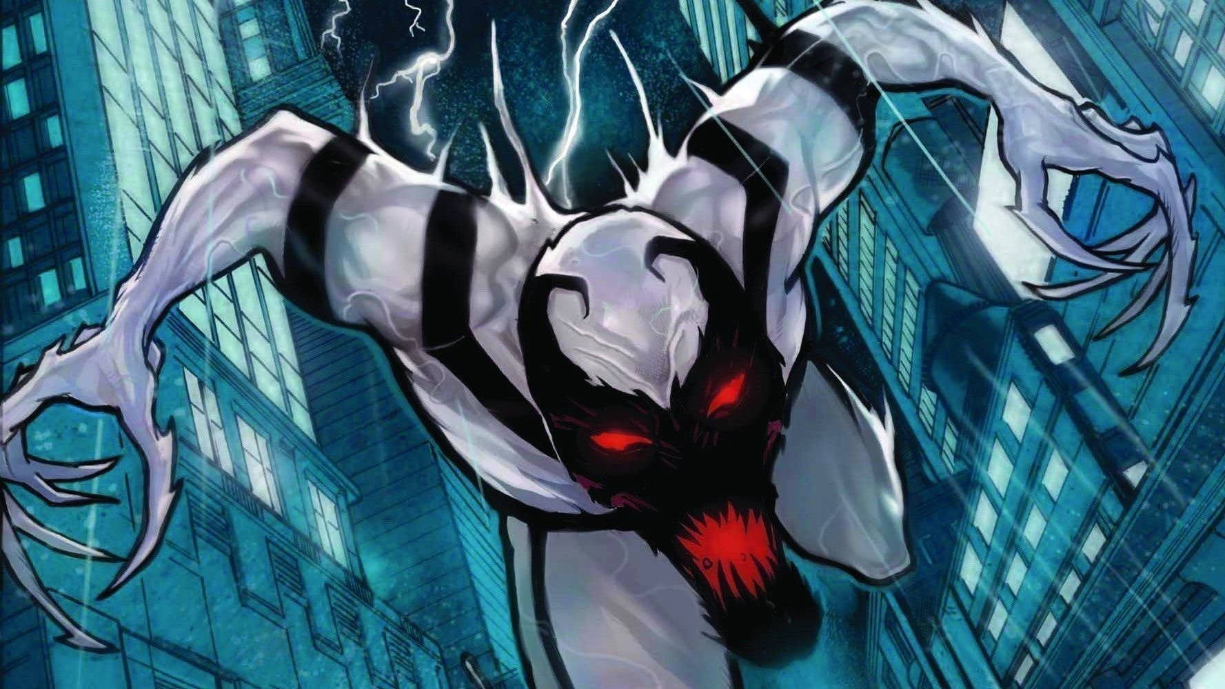 反猛毒 桌布 壁紙 — Venom 穿越暴風雨的城市景觀，雙眼發出紅光，閃電在他共生體形態周圍噼啪作響。