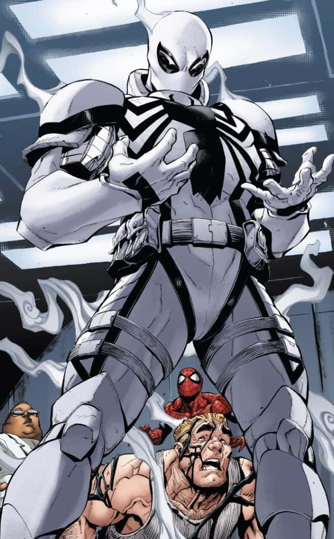 Flash Thompson 桌布 壁紙 — Venom 聳立於一個驚恐的男人和蜘蛛人之上，在一個黑白對比強烈的 gritty 漫畫格中。