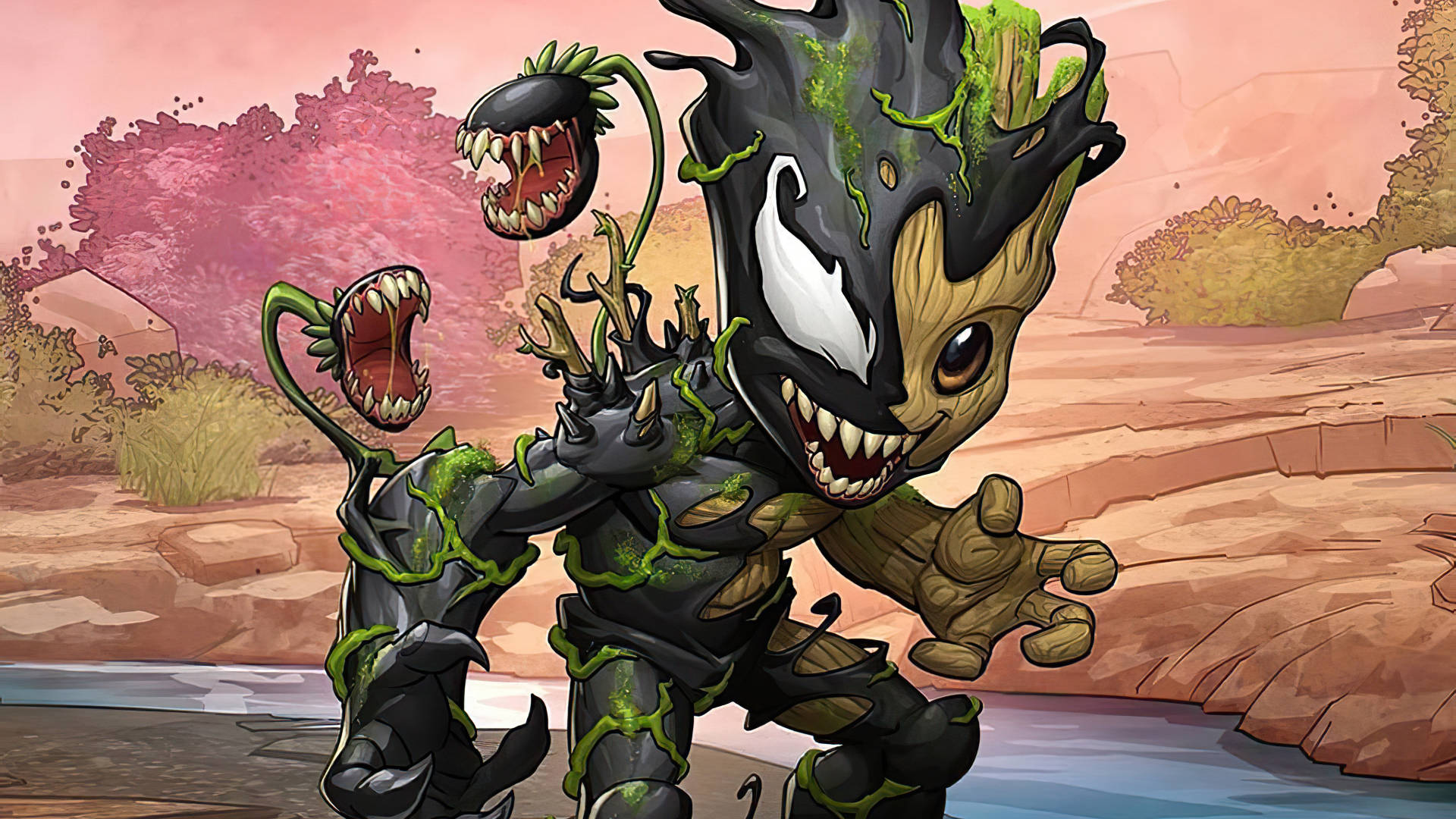 Baby Groot 桌布 壁紙 — Venom 與一棵帶有發光綠色藤蔓和食肉植物的樹木的怪物融合體，在沙漠峽谷中威風凜凜地站立。