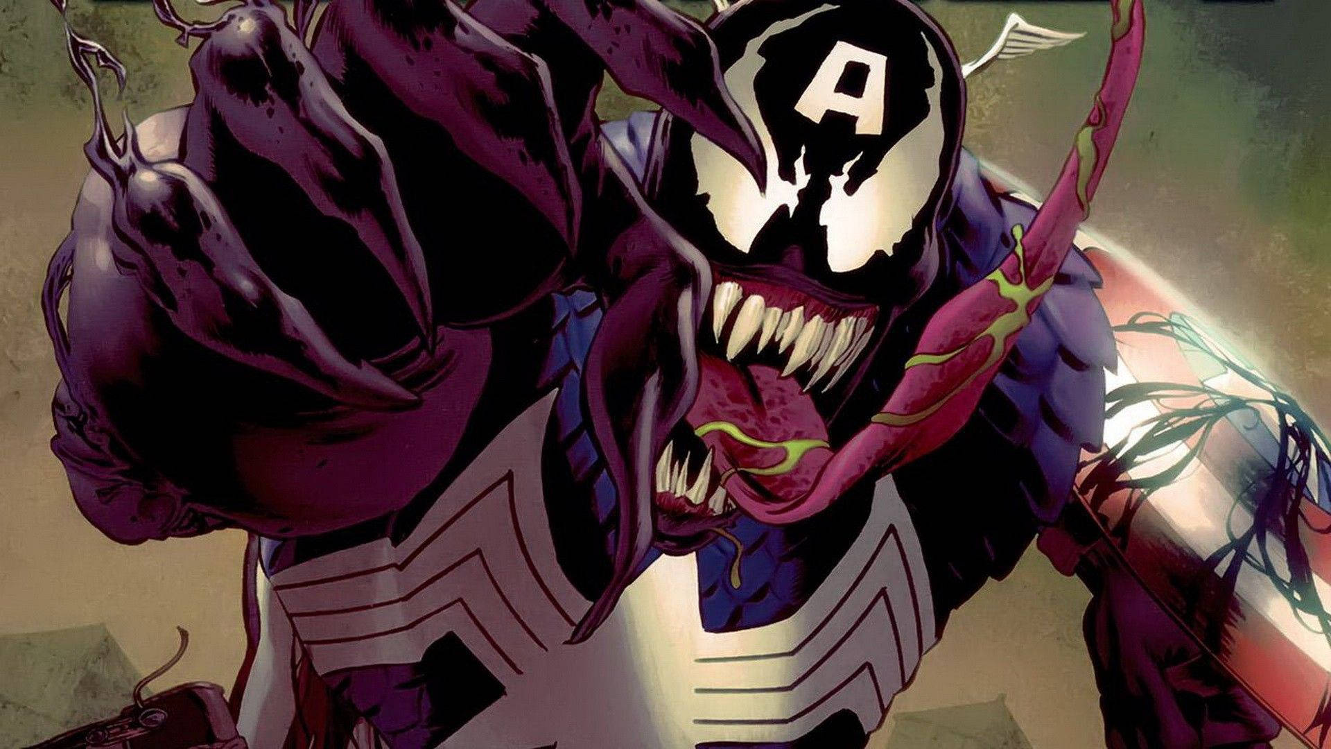 Villains 桌布 壁紙 — Venom 與美國隊長的戰衣融合，發出威脅性的咆哮，眼睛發光，牙齒鋒利。