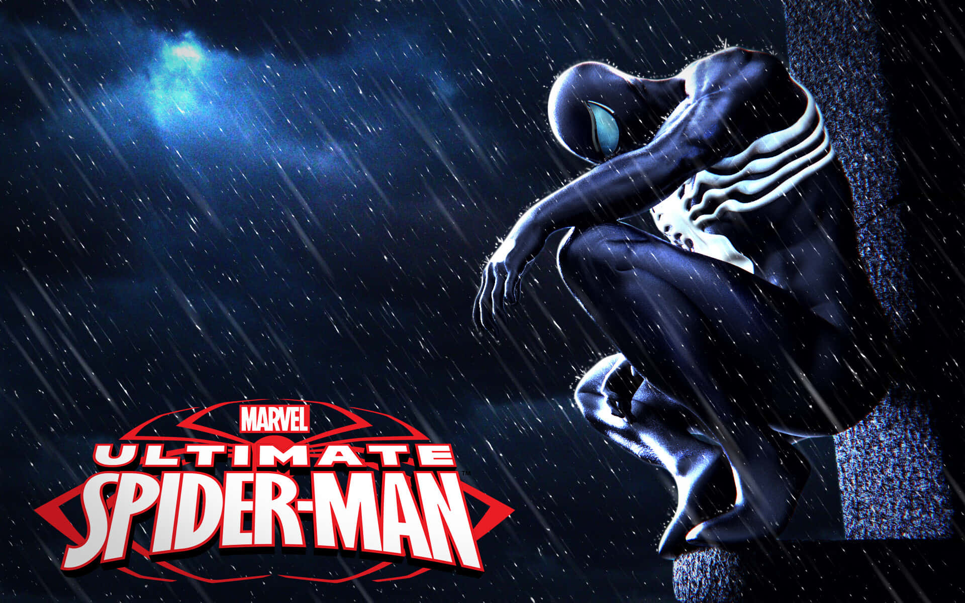 Ultimate Spider-man 桌布 壁紙 — Venom 蹲在雨中，靠著暗牆，在發光的藍月下，構成一個戲劇性的Marvel Ultimate Spider-Man場景。