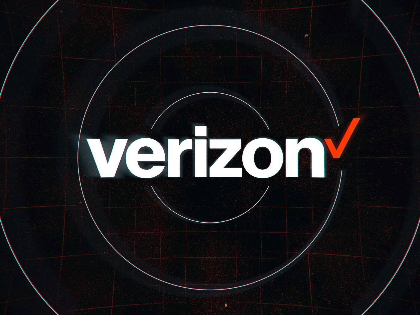 Verizon 桌布 壁紙 — Verizon 標誌以白色和橙色居中顯示在深色網格背景上，帶有發光的同心圓。