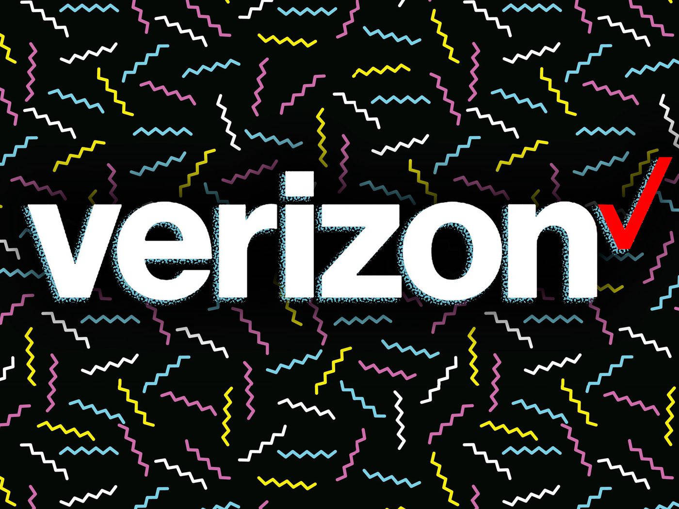 Verizon 桌布 壁紙 — Verizon 標誌以粗體白色和紅色勾號顯示，背景為黑色，佈滿色彩繽紛的鋸齒形五彩紙屑圖案。