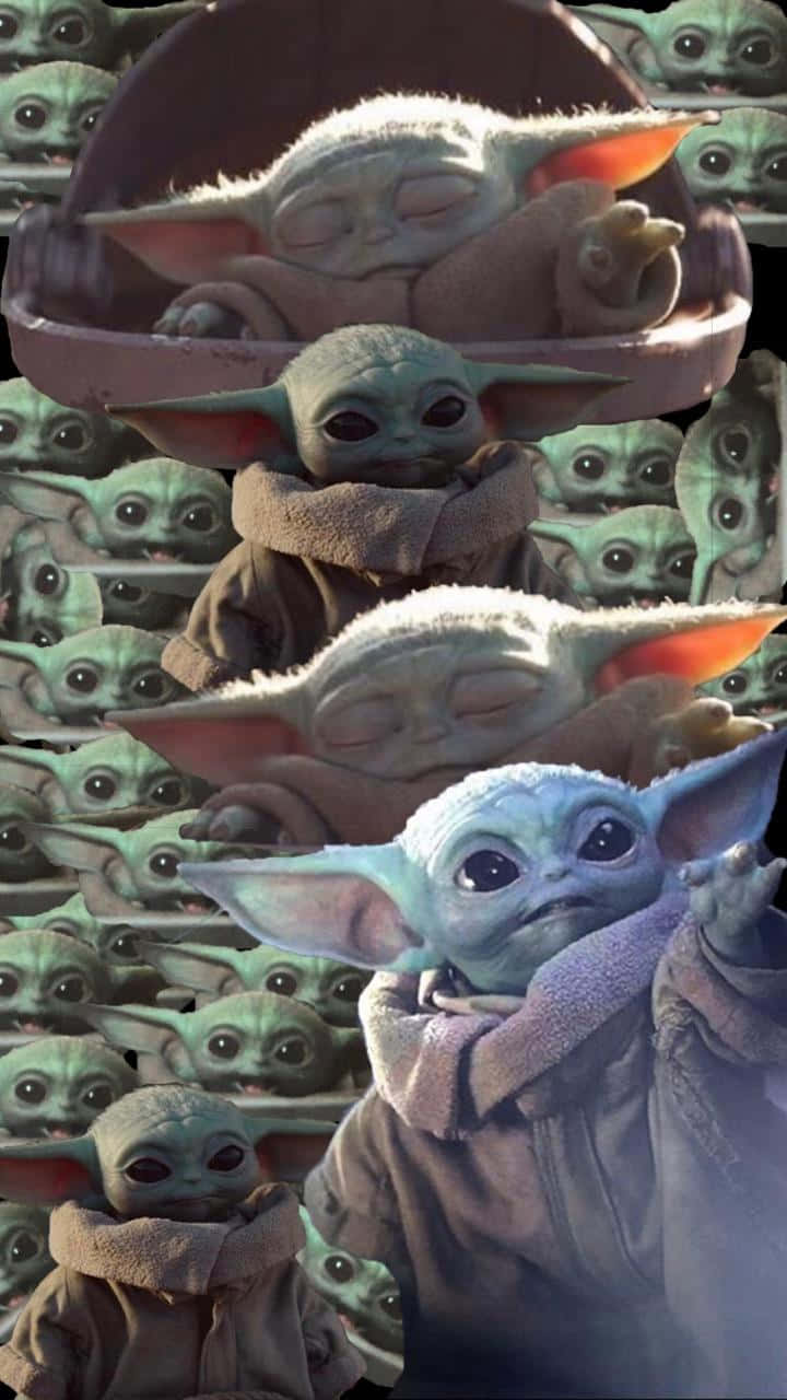 Baby Yoda 不同姿勢的垂直拼貼，重複出現較小版本。 — iPhone X 壁紙