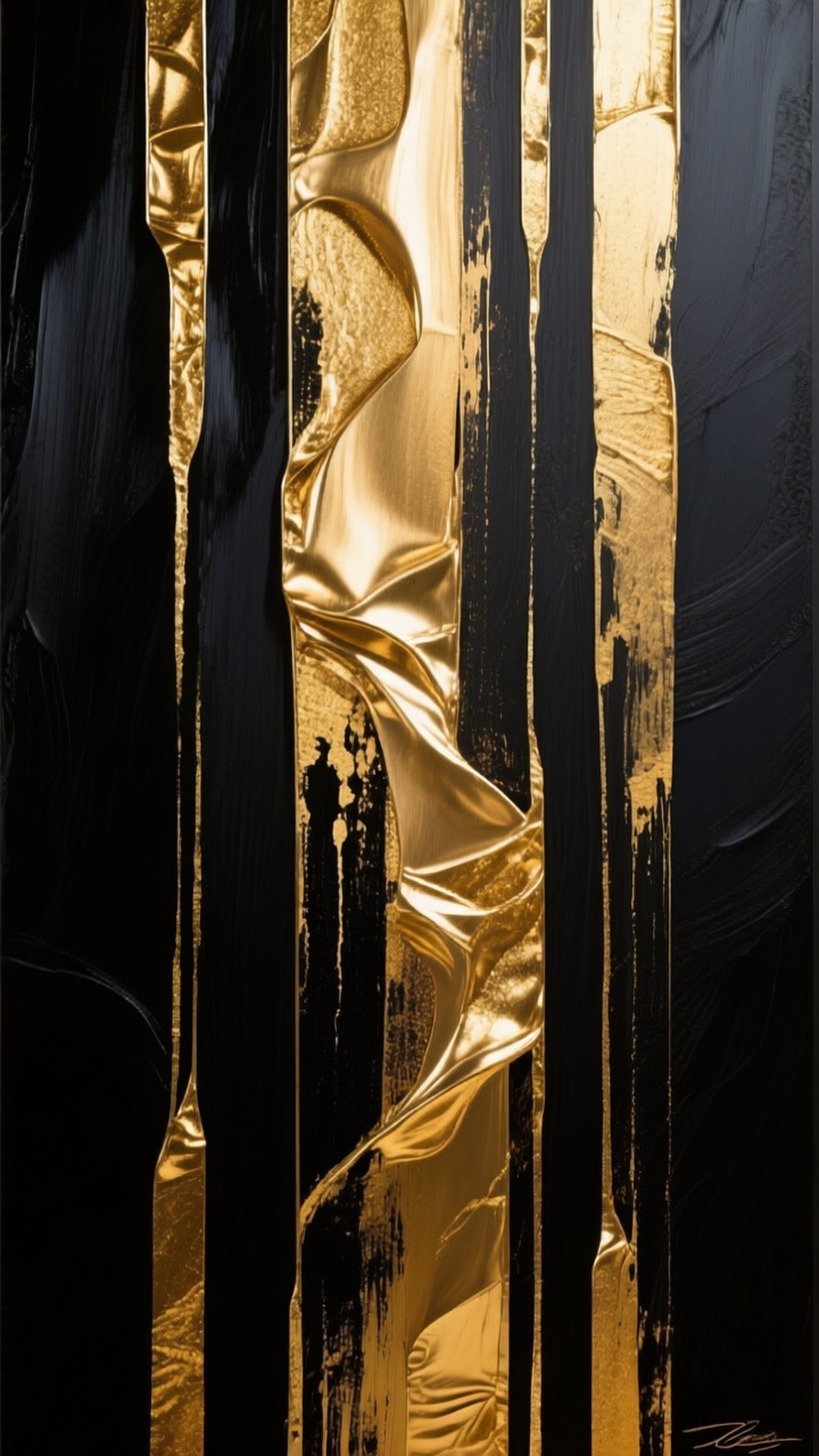 Gold Brushstrokes Vertical 壁紙 — 光澤金箔和深黑色油漆的垂直條紋營造出奢華的抽象構圖，具有戲劇性的紋理和反射高光。