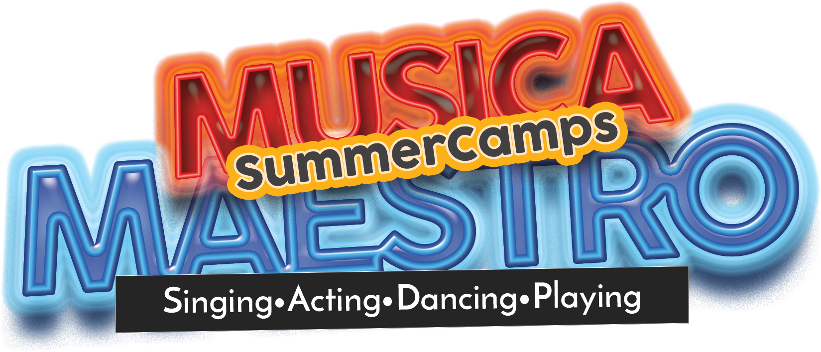 音樂 桌布 壁紙 — Musica Maestro Summer Camps 的鮮豔3D標誌，帶有發光的紅色和藍色文字，推廣唱歌、演戲、跳舞和演奏。