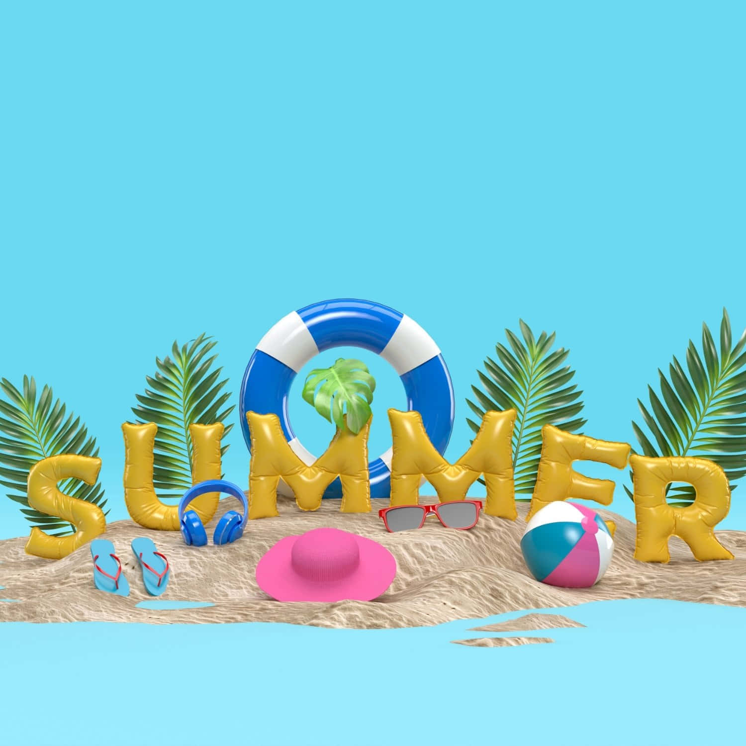  壁紙 — 充滿活力的3D渲染夏日場景，金色充氣字母、棕櫚葉、沙灘球和人字拖在沙灘上，映襯著明亮的藍天。