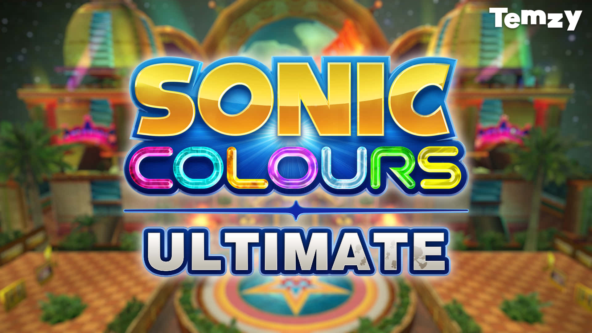 Sonic Colors 桌布 壁紙 — 《Sonic Colours Ultimate》充滿活力的 3D 渲染標題畫面，在色彩繽紛的未來遊戲世界上方有粗體的彩虹文字。