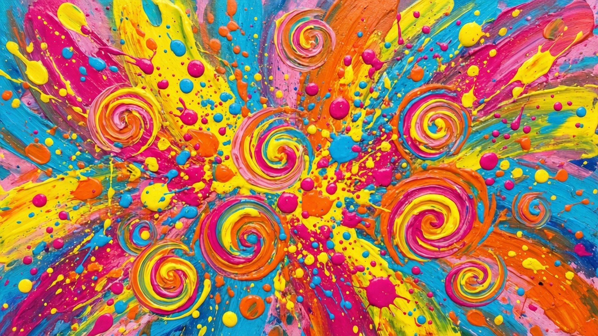 Joyful Abstract Swirls 壁紙 — 充滿活力的抽象藝術品，以粉紅、黃、橙、藍的電光色調，爆發出旋轉的螺旋和飛濺的顏料。