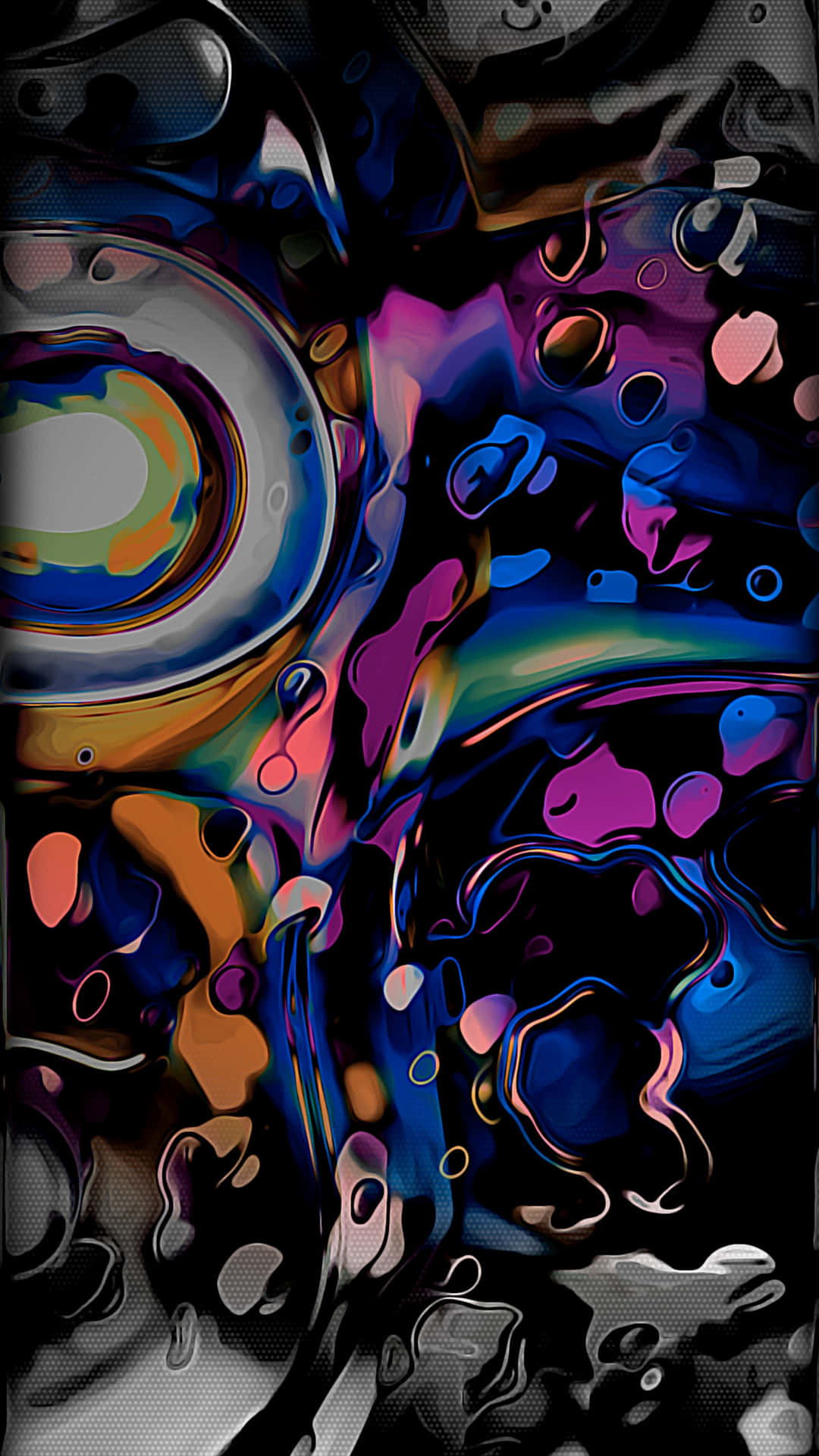  壁紙 — 充滿活力的抽象數位藝術，帶有旋轉的霓虹色彩和光澤液體紋理，背景為深色。