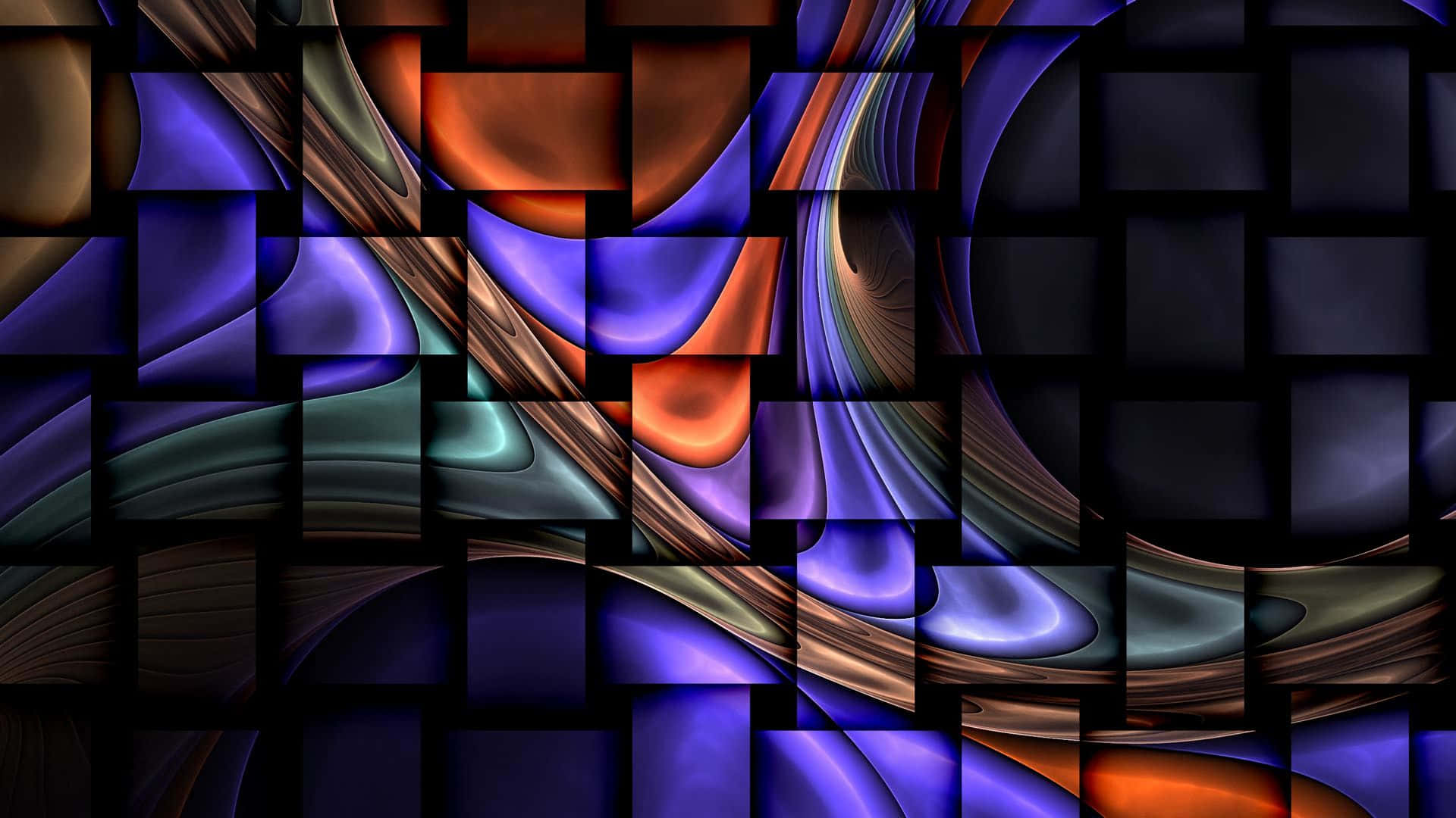  壁紙 — 充滿活力的抽象數位藝術作品，帶有流動的紫色、橙色和青色絲帶，由深色幾何區塊框住。